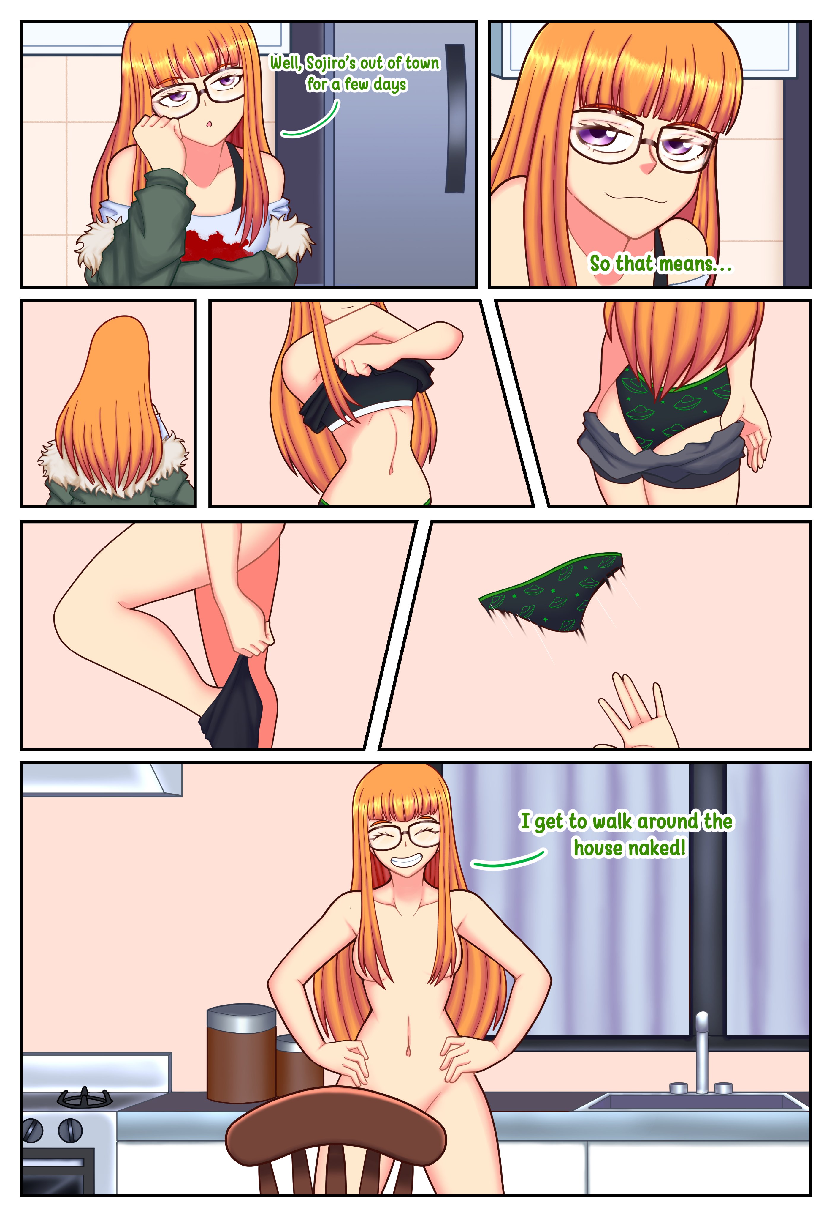 1girls, 2d, atlus, comic, convenient censoring, english text, glasses, glasses only, hair, hair censor, hair over breasts, hands on hips, indoors, indoors nudity, long hair, megami tensei, naked, naked female, nude, nude female, orange hair, orangemint 4444, persona, persona 5, petite, sakura futaba, small breasts, smile, smiling, solo, text, uc-four, undressing, undressing self