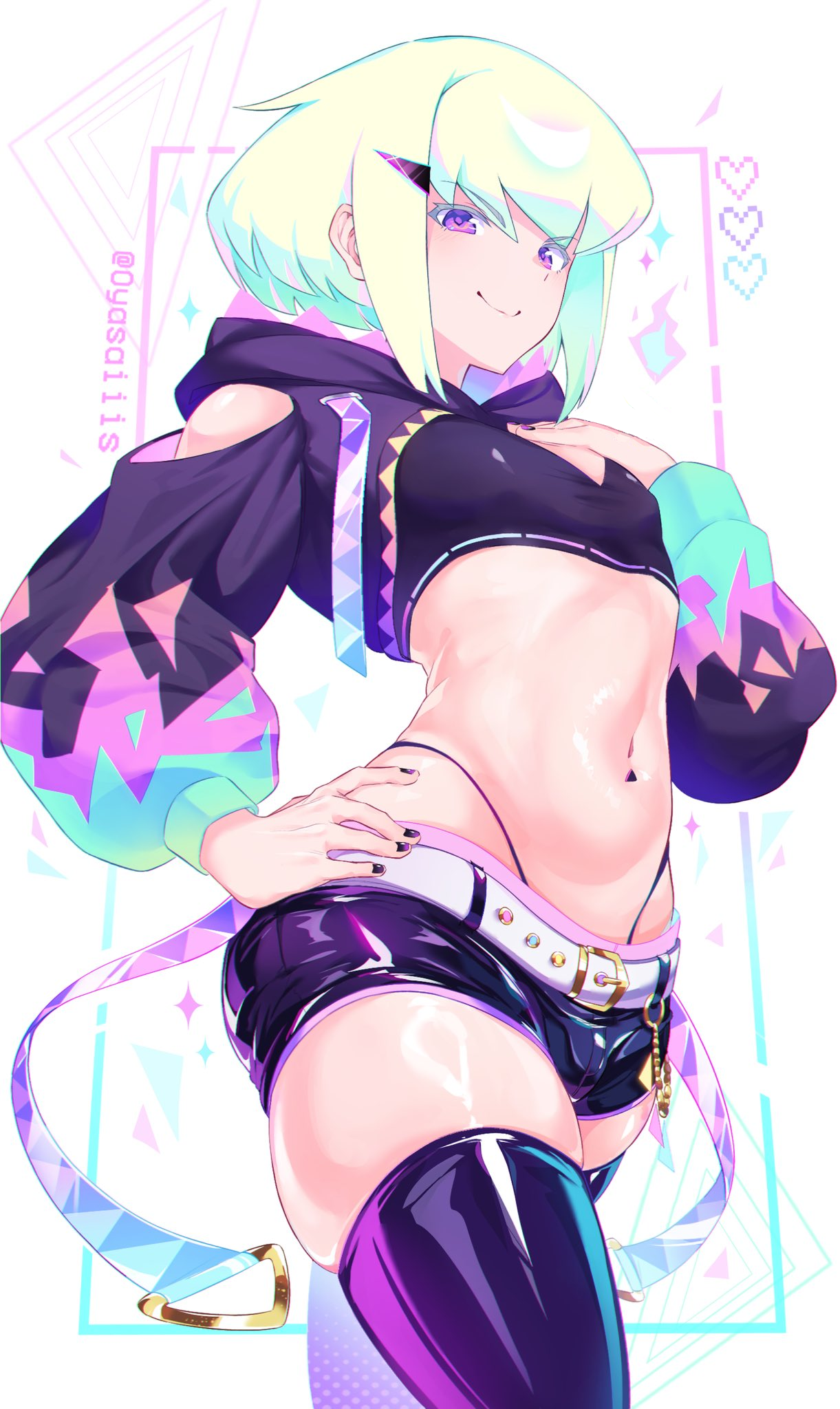 1boy, 2d, 2d (artwork), androgynous, black legwear, black nails, bob cut, bulge, clothed, clothing, confident, crop top, cropped hoodie, crossdressing, femboy, femboy only, feminine male, girly, hair clip, hoodie, latex, latex thighhighs, lio fotia, looking at viewer, midriff, minishorts, oyasaiiis, petite male, promare, seductive, seductive look, short hair, slim, slim male, slim waist, smug, smug face, solo, stockings, suggestive look, thick thighs, thighhighs, thong, tight clothing, twink