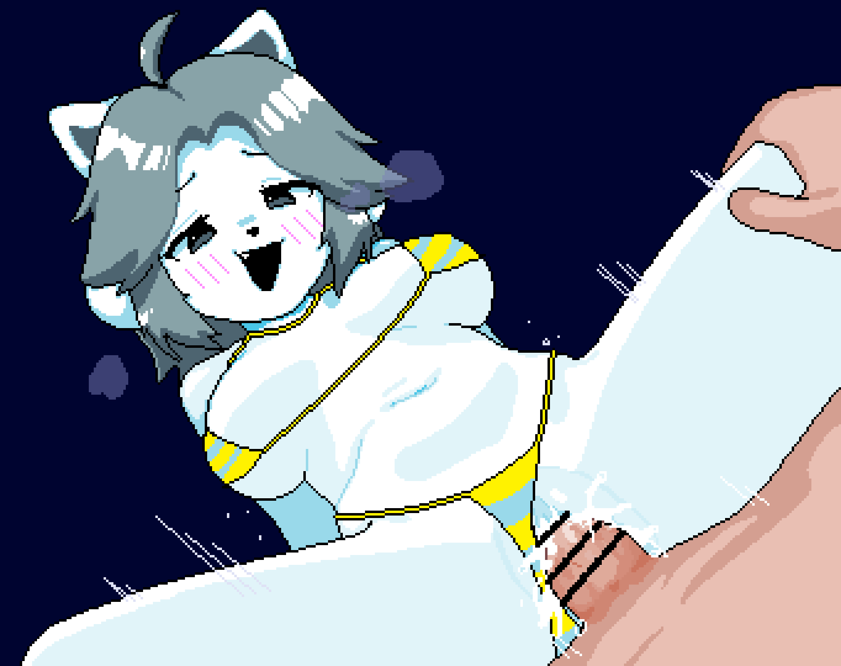 1boy, 1girls, anthro, artist upload, bikini, bikini aside, blush, blush lines, blushing, cum, cum in pussy, cum inside, female, female focus, fur, pixel art, self upload, sex, spread legs, spreading, temmie, temmie (undertale), undertale, undertale (series), vaginal penetration, white body, white fur