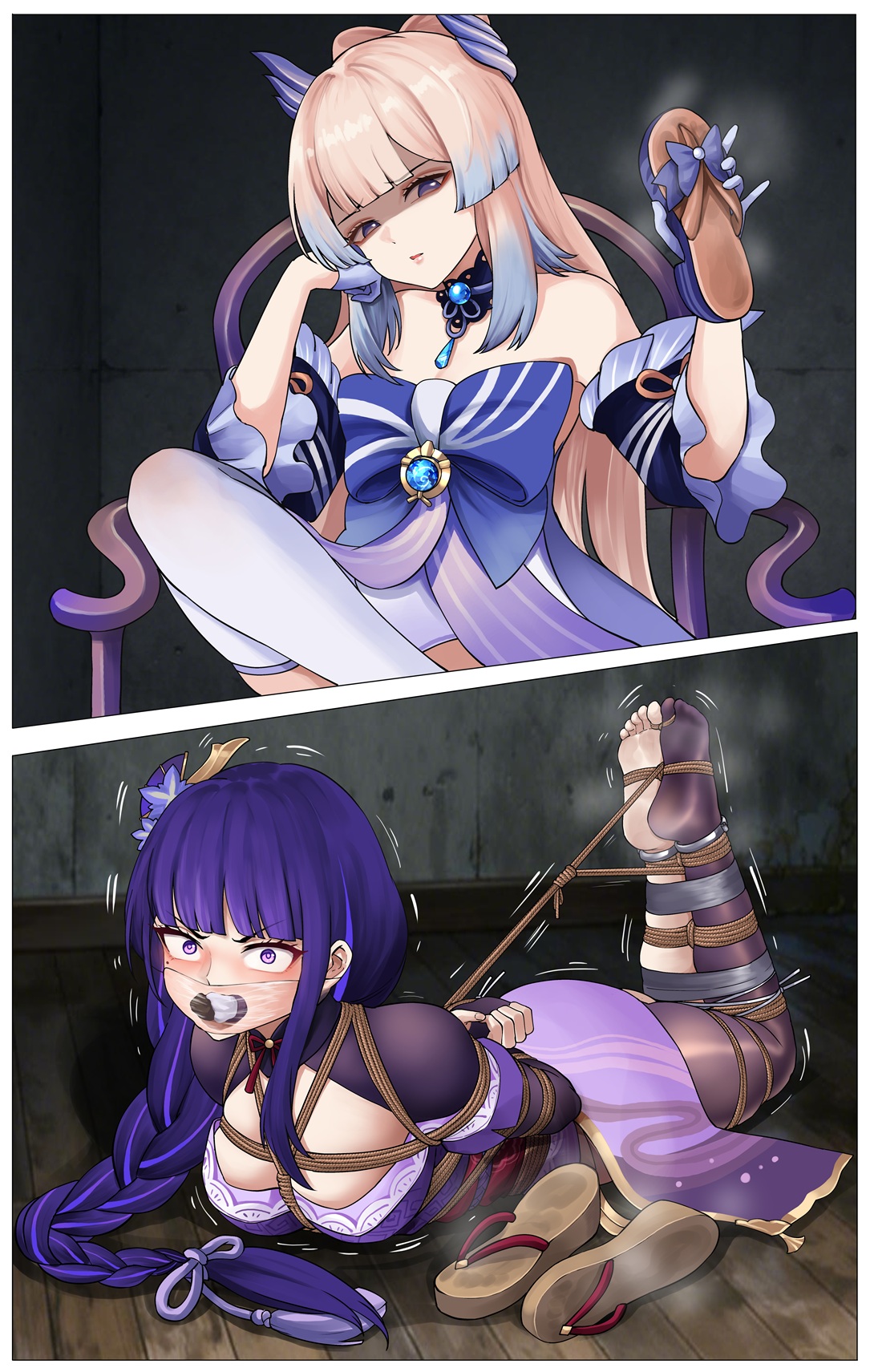 2girls, arms behind back, bondage, bound, bound ankles, bound arms, bound legs, female, female only, femdom, femsub, footprint on sandals, fully clothed, gag, gagged, genshin impact, hogtie, lezdom, raide, raiden shogun, rope, sandals removed, sangonomiya kokomi, tape, tape gag, ururu