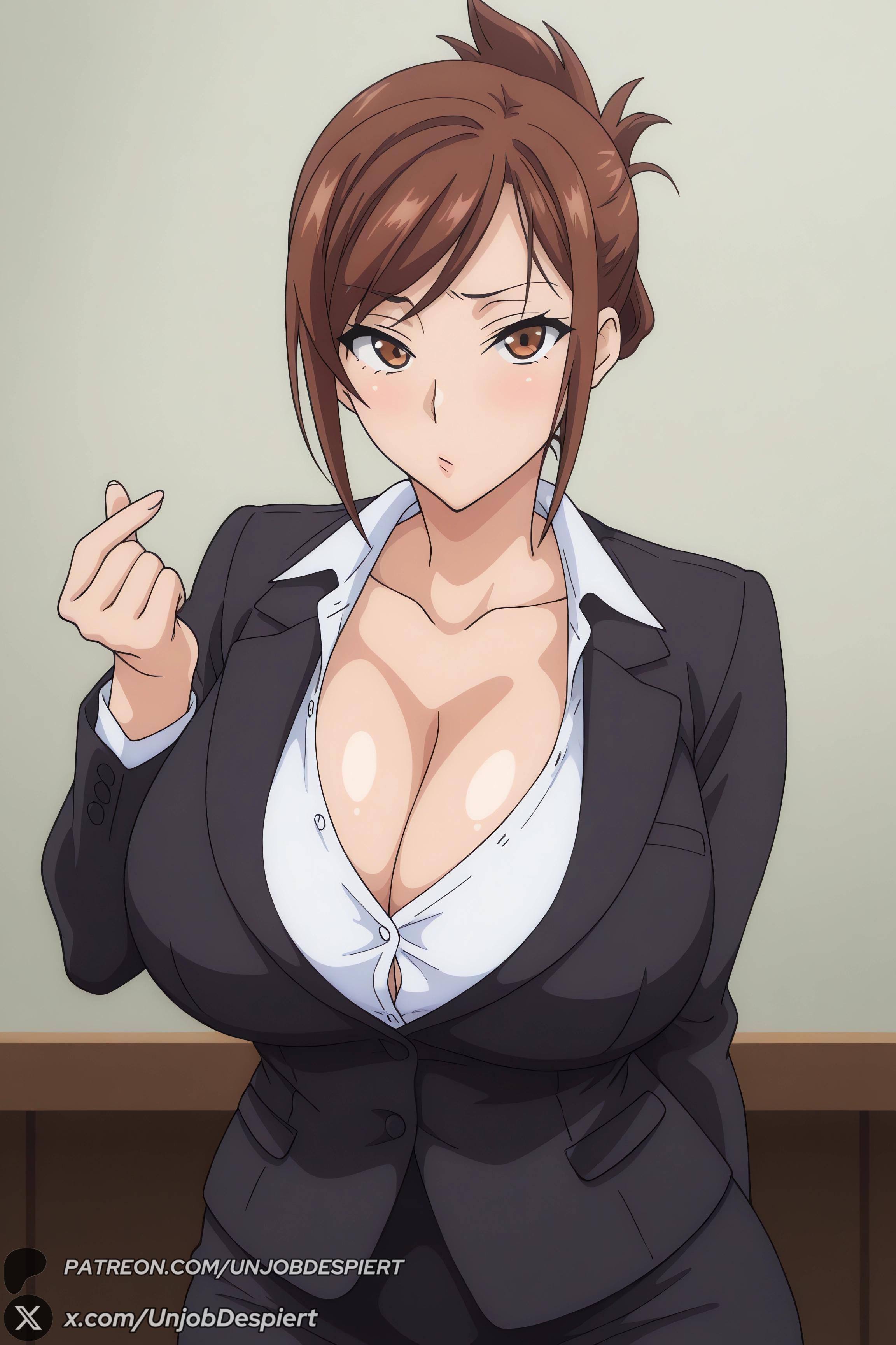 1female, 1girl, 1girls, 2026, ai generated, arm behind back, artist name, azuma hisato, bangs, big ass, big breasts, blush, breasts, brown eyes, brown hair, cleavage, collarbone, collared shirt, curvy, female, female only, folded ponytail, formal, hi res, high quality, high resolution, highres, himawari wa yoru ni saku, hisato azuma, huge ass, huge breasts, jacket, looking at viewer, mature female, office lady, patreon, patreon username, shirt, skirt, solo, suit, unjobdespiert, watermark, white shirt