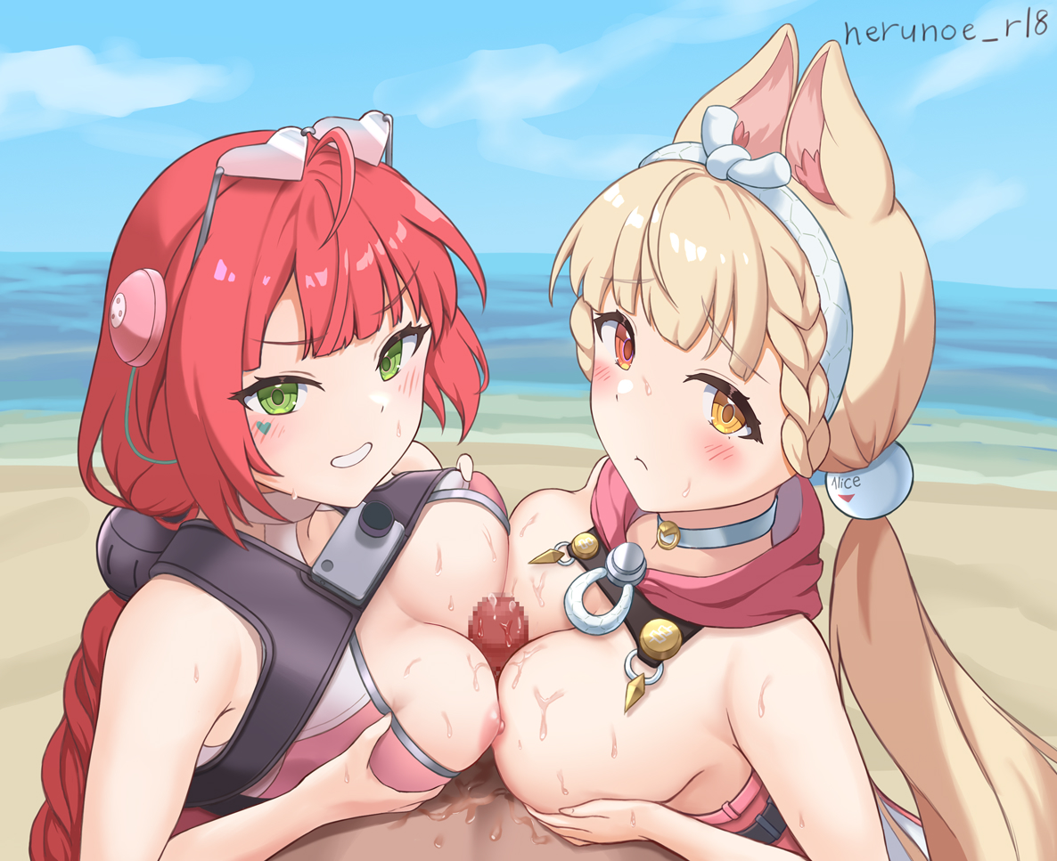 1boy, 2girls, alice thymefield, alice thymefield (sea of thyme), animal ears, artist name, beach, blonde hair, blue sky, blush, braid, braided twintails, breast press, breasts, breasts squeezed together, camera, camera around neck, censored, cloud, commentary request, cooperative paizuri, day, eyewear on head, facial mark, ffm threesome, green eyes, group sex, hair ornament, heart, heart facial mark, heart-shaped eyewear, heterochromia, long hair, looking at viewer, mosaic censoring, multiple girls, nerunoe, nipples, ocean, official alternate costume, one-piece swimsuit, outdoors, paizuri, penis, pink one-piece swimsuit, rabbit ears, rabbit girl, red eyes, red hair, sand, sky, smile, sphere hair ornament, swimsuit, teamwork (sexual), threesome, twintails, two-tone one-piece swimsuit, ukinami yuzuha, ukinami yuzuha (tanuki in broad daylight), water, yellow eyes, zenless zone zero