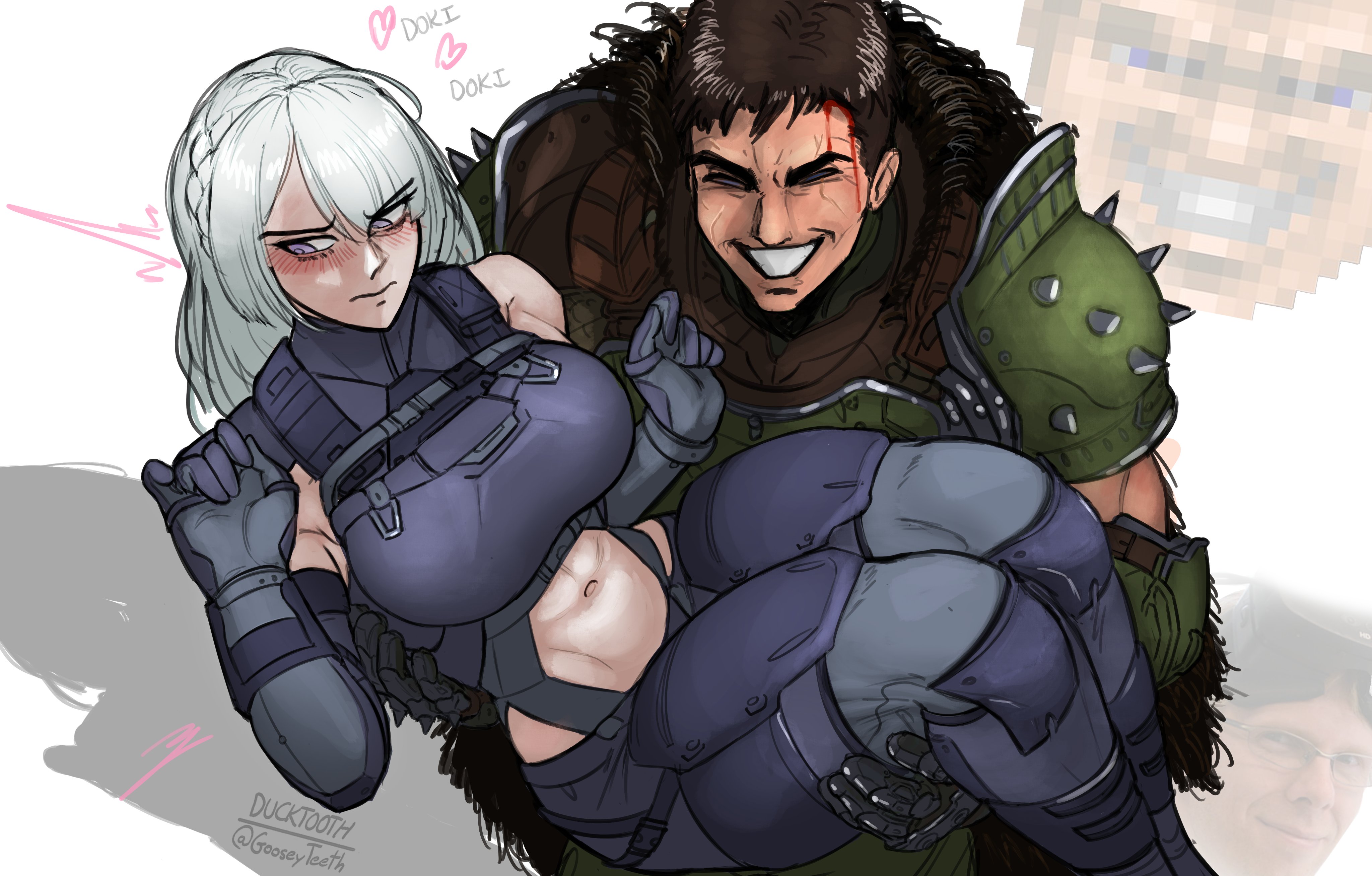1boy, 1girls, abs, ak-15 (girls' frontline), armor, armored, armored male, athletic, athletic female, athletic male, blush, blushing, blushing female, boobs, breasts, bridal carry, carrying, carrying another, carrying partner, clothed, clothes, clothing, crossover, dominant male, doom, doom slayer (doom), doom the dark ages, eastern and western character, female, girls' frontline, girls' frontline 2: exilium, gooseyteeth, grin, hips, larger male, long hair, male, muscular, muscular female, muscular male, shorter female, smaller female, smile, smiling, submissive female, taller male, thick hips, thick thighs, thighs, tits, voymastina (girls' frontline 2), white hair, wholesome, wide hips