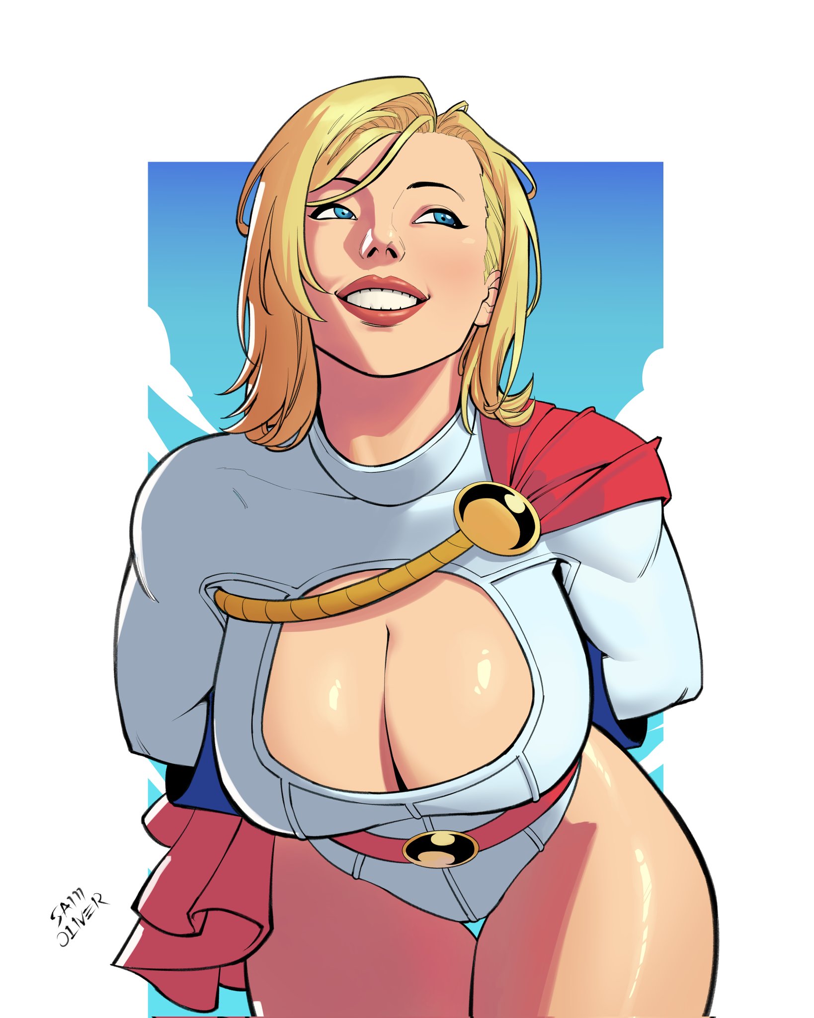 1girls, big breasts, blonde hair, blue eyes, blue gloves, boob window, breasts, cape, cleavage, cleavage cutout, dc, dc comics, female, female kryptonian, female only, gloves, huge breasts, kara zor-l, karen starr, kryptonian, large breasts, leotard, medium hair, meme reference, missfaves, muukitta, power girl, power girl cosplay pose (missfaves), red cape, sam oliver, smile, solo, superman (series), thick thighs, white leotard