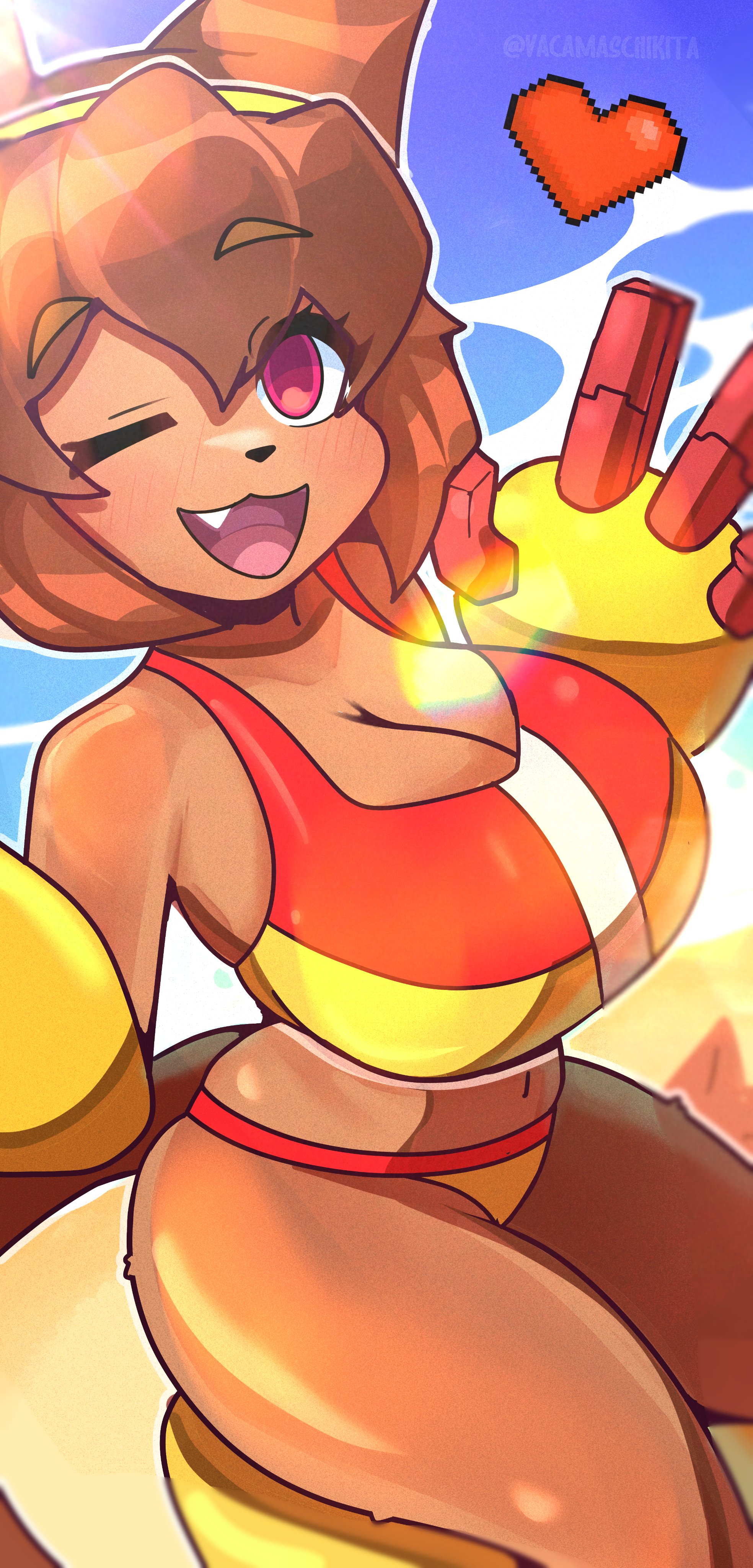 ass, big breasts, bikini, boots, breasts, brown hair, cat ears, cat tail, cleavage, female, female only, gameoverse, glitch productions, gloves, goggles, huge breasts, kit (gameoverse), kit bodega, large breasts, navel, short hair, slim waist, solo, sweat, swimwear, tagme, tan body, thick thighs, vacachikita, voluptuous, wide hips