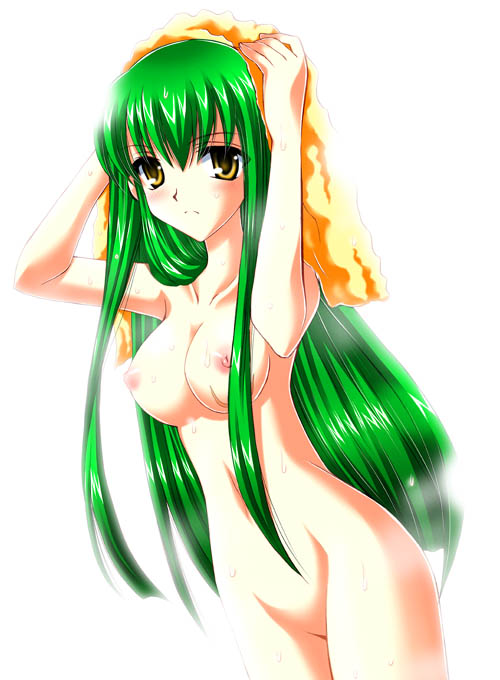 breasts c.c. code_geass female green_hair long_hair midriff nipples nude scar solo tamagawa_yukimaru towel wet yellow_eyes