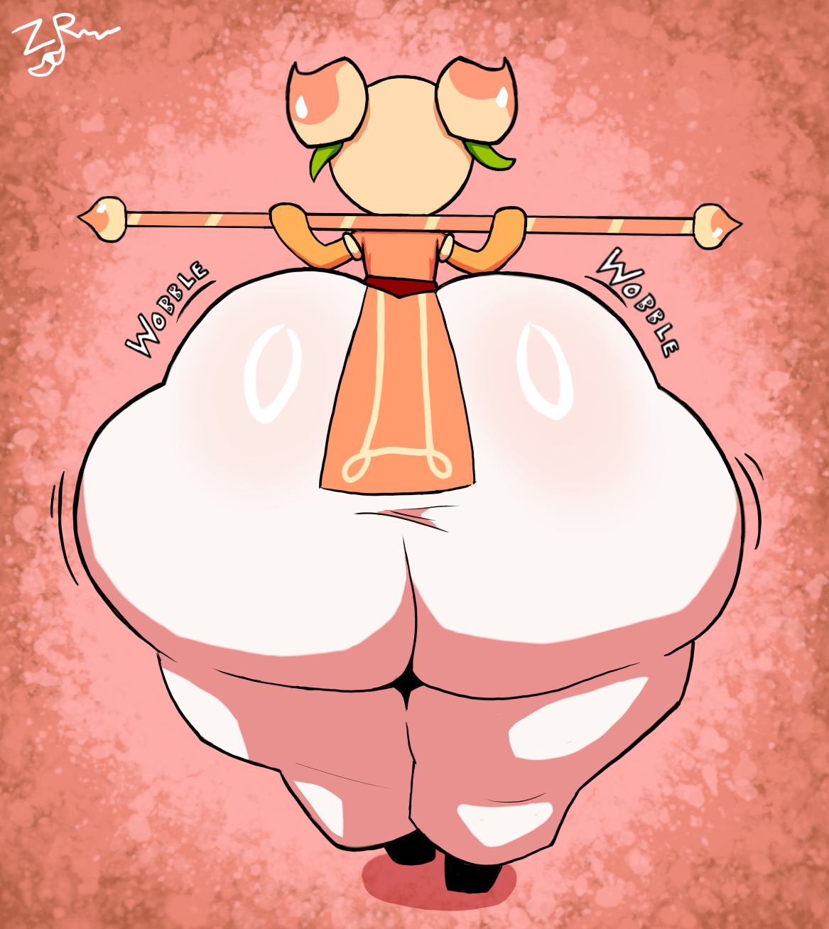 1girls, ass, ass bigger than head, ass bigger than torso, ass focus, behind view, bottom heavy, cookie, cookie run, female, gigantic ass, gigantic thighs, hyper, hyper ass, massive ass, peach (fruit), peach cookie, peach hair, staff, thick thighs, thighs, weapon, wobble, wobble (sound effect), wobbling, wobbling ass, zorkoth