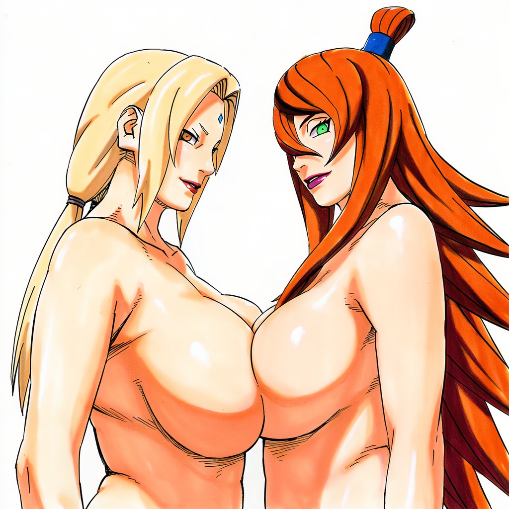 2d, 2girls, accurate art style, accurate body type, ai generated, areola, areolae, arm at side, asymmetrical docking, bare shoulders, belly button, between breasts, blonde hair, breasts, breasts bigger than head, brown eyes, busty, chain necklace, cleavage, closed mouth, collarbone, completely nude, completely nude female, curvaceous, duo, duo focus, eyelashes, facial mark, female, female focus, female only, forehead jewel, forehead mark, from below, full color, glossy body, green eyes, high resolution, highres, huge breasts, jewelry, large areolae, large breasts, light skin, light-skinned female, lineart, lipstick, long hair, looking at viewer, looking down, looking down at viewer, low twintails, low-angle view, masashi kishimoto style, mature female, mei terumi, mole, mole under mouth, multiple girls, nail polish, naruto, naruto (series), naruto shippuden, navel, necklace, necklace between breasts, nipples, no bra, nude, nude female, official style, orange eyes, orange hair, out-of-frame censoring, parted lips, pose, red nails, serious, shiny, shiny hair, shiny skin, short eyebrows, simple background, smooth skin, soft shading, standing, symmetrical docking, take your pick, thin eyebrows, tsunade, twintails, upper body, viewed from below, visible nipples, voluptuous, voluptuous female, wavy hair, white background