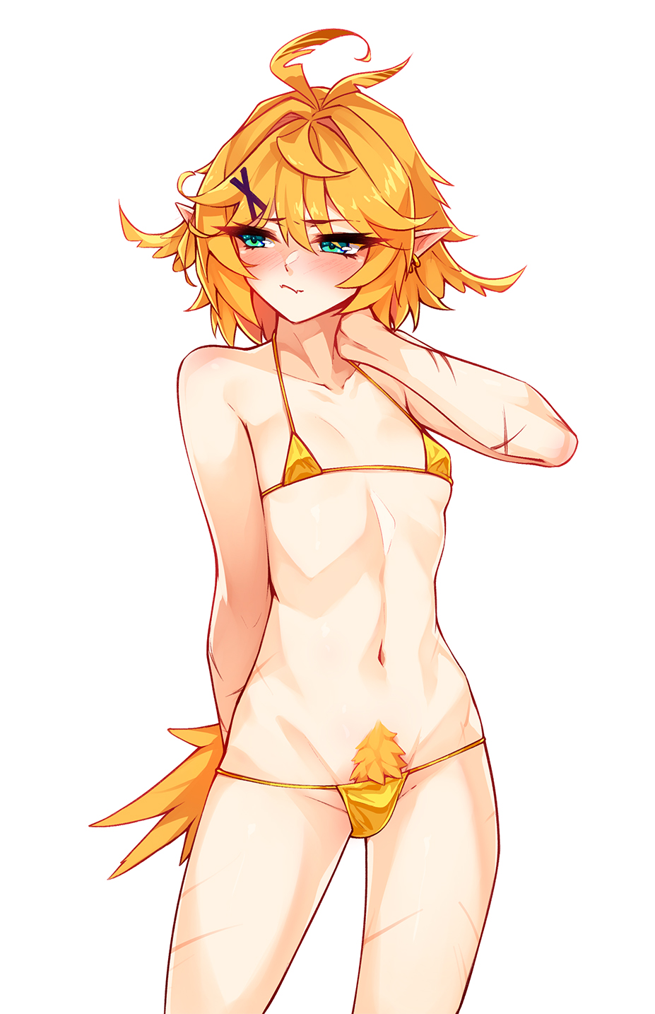 1girls, bikini, blonde hair, blush, blushing, buldge, bush, clothing, dokibird, dokibird (bounty hunter), elf ears, feathered tail, female, flat chest, hair tuft, human, indie virtual youtuber, long ears, navel, pale skin, pubic hair, ricegnat, scars, small breasts, swimwear, tail, tail feathers, thin waist, virtual youtuber, white background, x scar