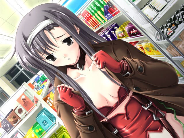 black_hair clothed_masturbation clothing collar exhibitionism long_hair masturbation minao_kogawa natural_another_one public_vibrator tsurugi_hagane vibrator