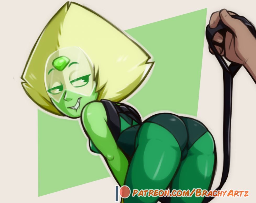 1girls, alien, alien girl, alien humanoid, arched back, artist name, ass, back, back view, bare arms, bending forward, bending over, bent over, biting lip, biting own lip, blonde hair, bodysuit, bottom heavy, brachyzoid, breasts, cartoon network, clothed, clothed female, clothes, clothing, disembodied hand, duo, eyewear, female, female focus, from behind, fully clothed, gem (species), green background, green body, green skin, hair, harness, humanoid, leash, medium hair, peridot (steven universe), pose, posing, presenting, presenting hindquarters, rear view, seductive, seductive look, seductive pose, seductive smile, simple background, skin tight, small breasts, smile, smiling, steven universe, teeth, thighs, tight clothing, tinted eyewear, url, visor