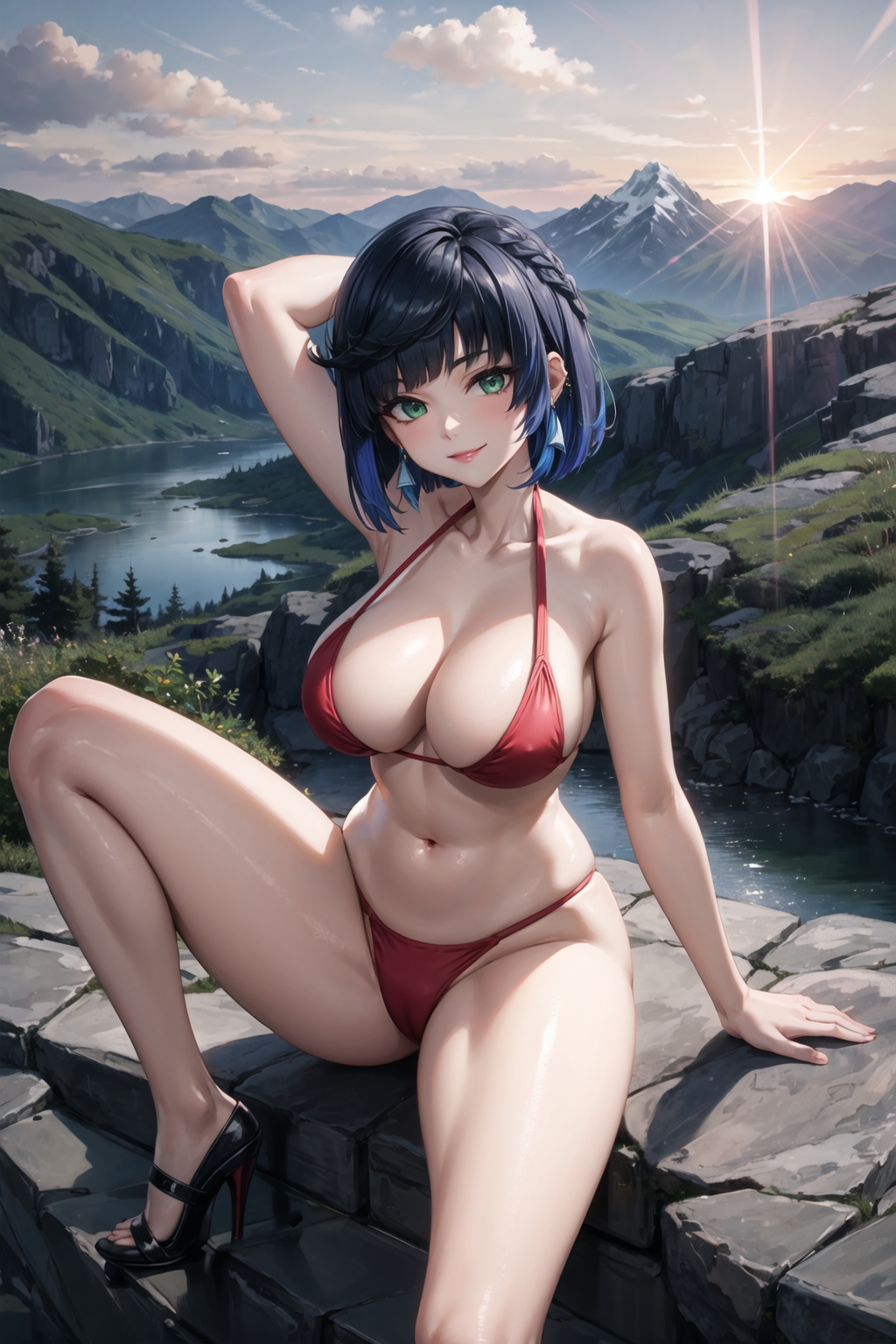1girls, ai generated, bikini, breasts, female, female focus, female only, genshin impact, huge breasts, seductive look, short hair, sole female, solo, solo female, solo focus, stable diffusion, voluptuous, voluptuous female, yelan (genshin impact)