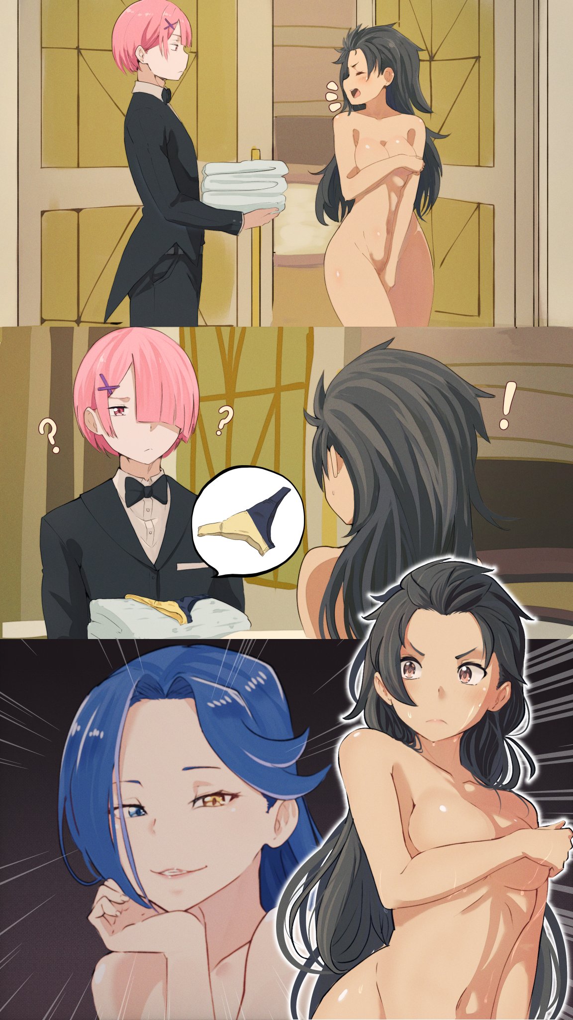 1boy 2girls black_hair blue_hair breasts cleavage completely_naked completely_naked_female completely_nude completely_nude_female covering_breasts covering_pussy exposed hips natsuki_subaru natsumi_schwarz panties ram_(re:zero) re:zero_kara_hajimeru_isekai_seikatsu roswaal_l_mathers rule_63 standing thick_thighs wet wet_body zerobarto