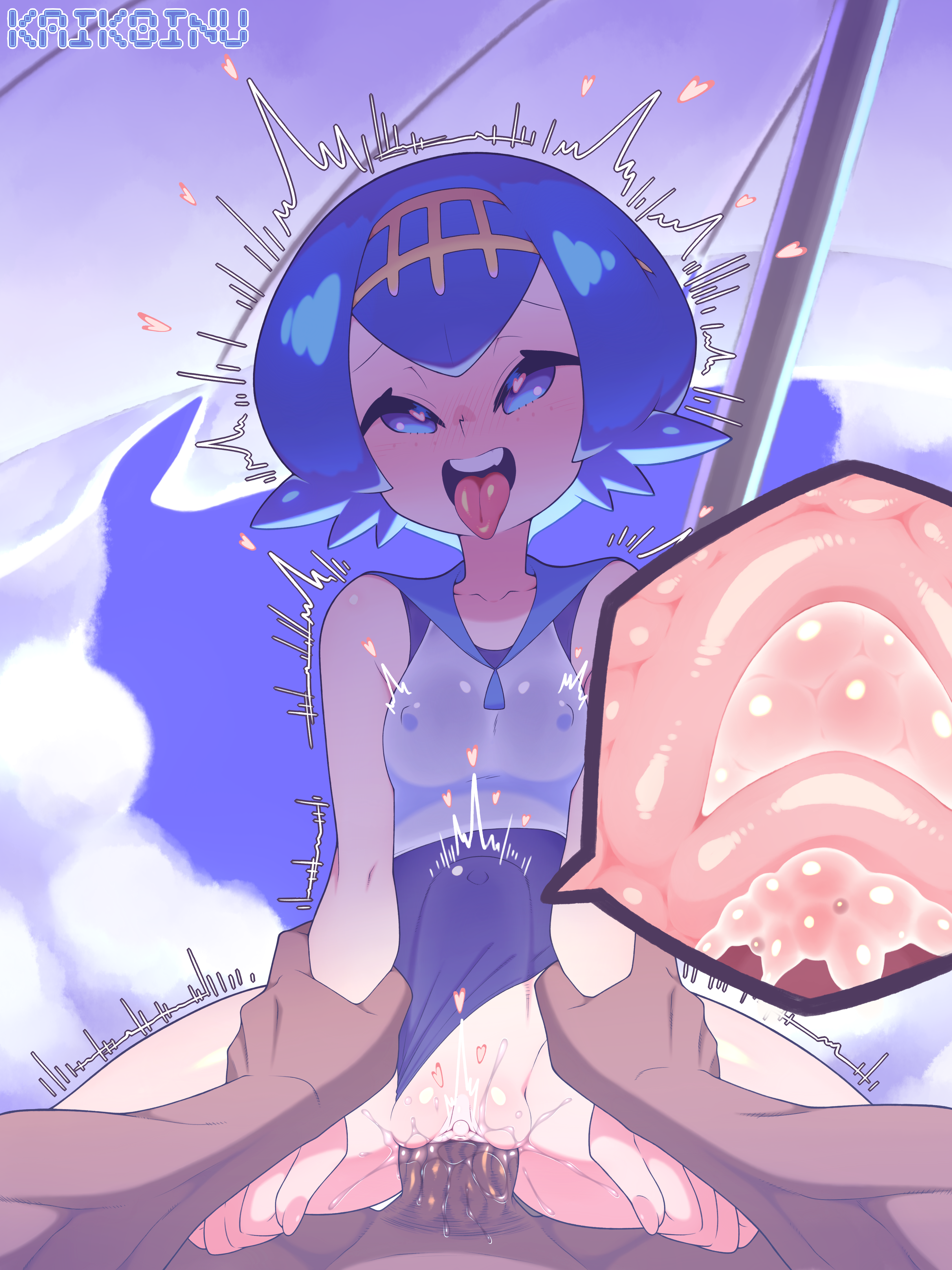 1boy, 1girls, aged up, ahe gao, ahegao, beach, beach umbrella, blue hair, bodily fluids, breasts, creampie, cum, cum in pussy, cum in uterus, cumming, dark skin, female, heart, heart-shaped pupils, holding arms, kaikoinu, lana (pokemon), light skin, looking up, male, medium hair, missionary position, open mouth, petite, pokemon, pussy, pussy juice, small breasts, swimsuit, swimwear, tongue, tongue out, under umbrella, vaginal penetration, white pupils, womb, x-ray