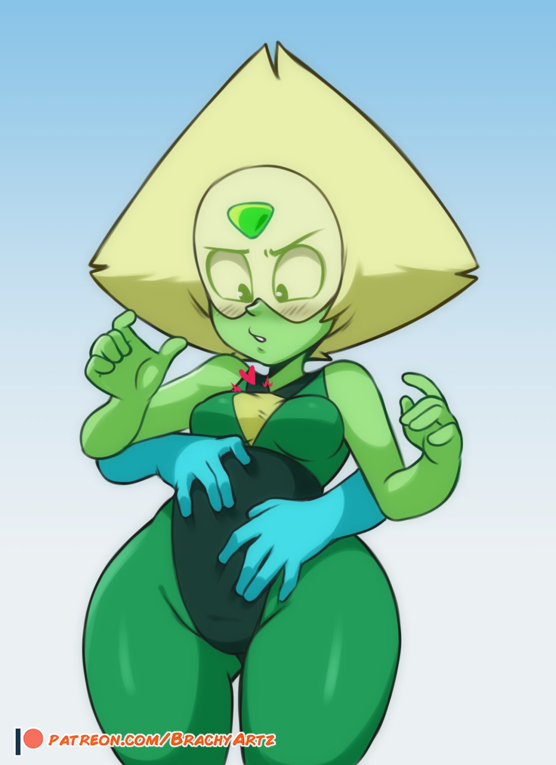 1girls, 2022, alien, alien girl, alien humanoid, artist name, bare arms, belly rub, black eyes, blonde hair, blush, blushing, bottom heavy, brachyzoid, breasts, cartoon network, clothed, clothed female, clothes, clothing, disembodied hand, disembodied hands, duo, eyewear, female, female focus, front view, fully clothed, gem (species), gradient background, green body, green skin, hair, hands on belly, hands on stomach, heart, humanoid, legs together, looking down, medium hair, peridot (steven universe), simple background, skin tight, small breasts, standing, steven universe, stomach, thick thighs, thighs, tight clothing, tinted eyewear, url, visor, wide hips