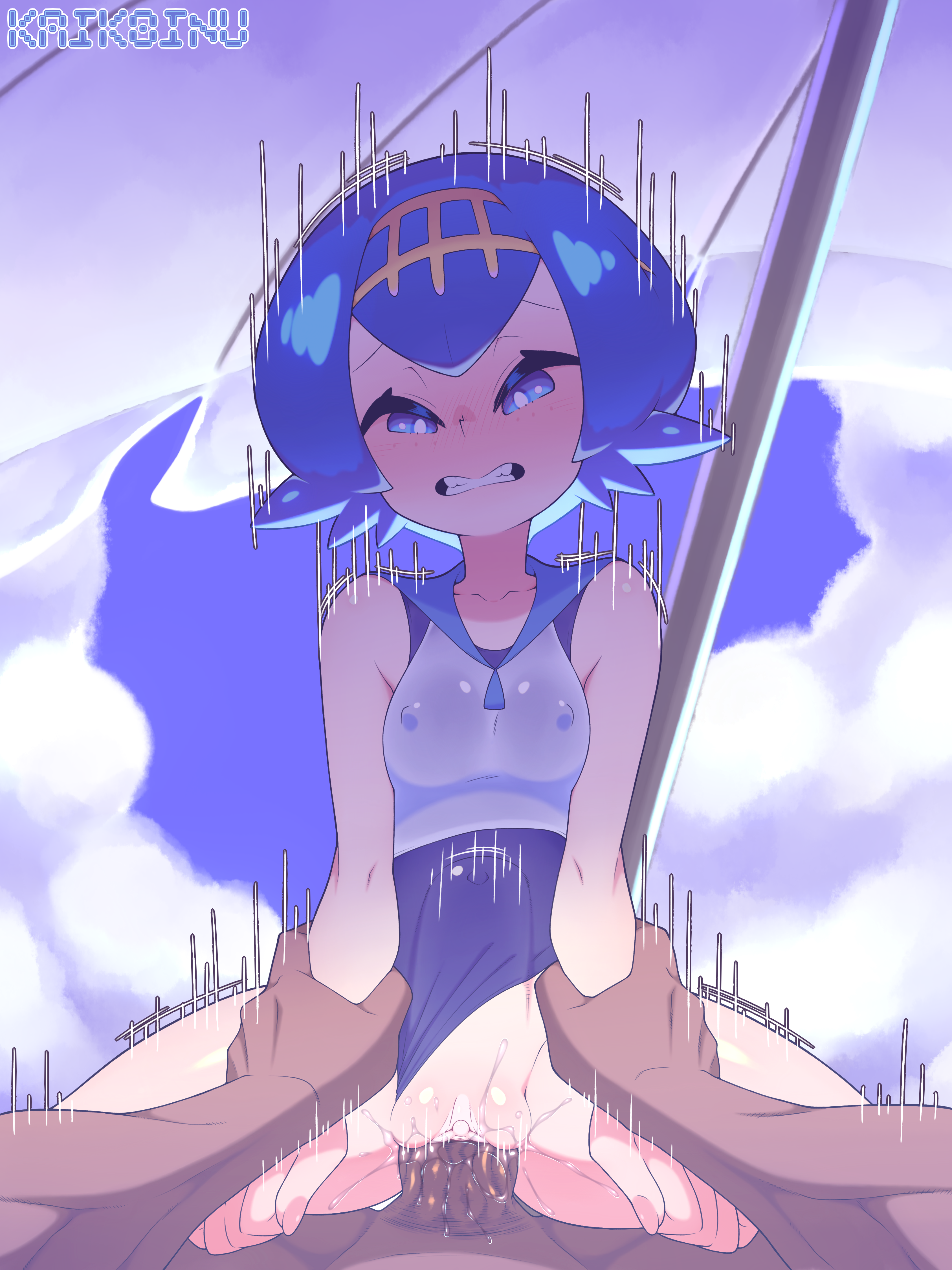 1boy, 1girls, aged up, beach, beach umbrella, blue hair, bodily fluids, breasts, clenched teeth, dark skin, female, holding arms, kaikoinu, lana (pokemon), light skin, male, nipple bulge, open mouth, pokemon, pussy, pussy juice, small breasts, swimsuit, swimwear, under umbrella, vaginal penetration, white pupils