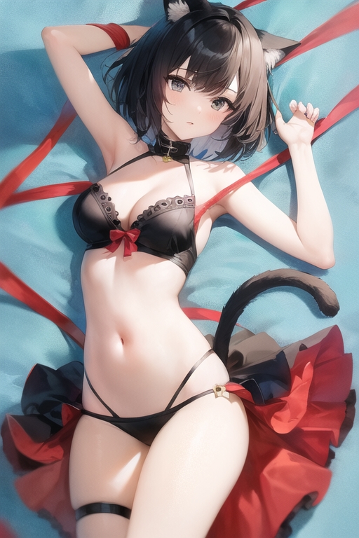 ai_generated bed black_hair cat_ears cat_tail fran_(tensei_shitara_ken_deshita) grey_eyes lace lingerie short_hair tensei_shitara_ken_deshita