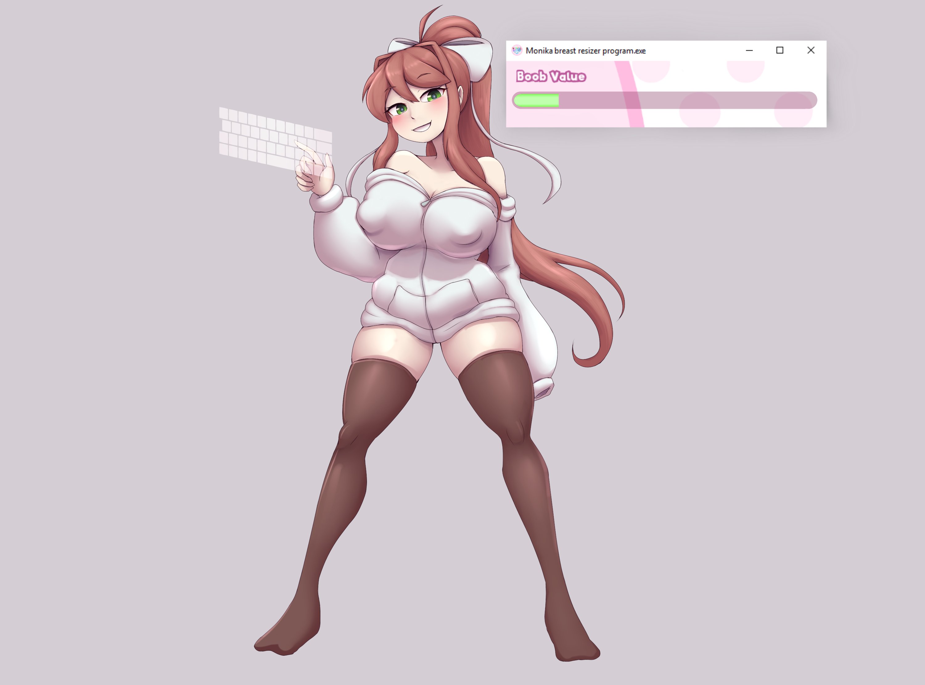 2023, areola bulge, attribute slider, breast expansion, breast growth, breast growth (enlargement), breast slider, breasts, color, doki doki literature club, expansion, female, metachoke, monika (doki doki literature club), nipple bulge, simple background, slider, smile, white hoodie