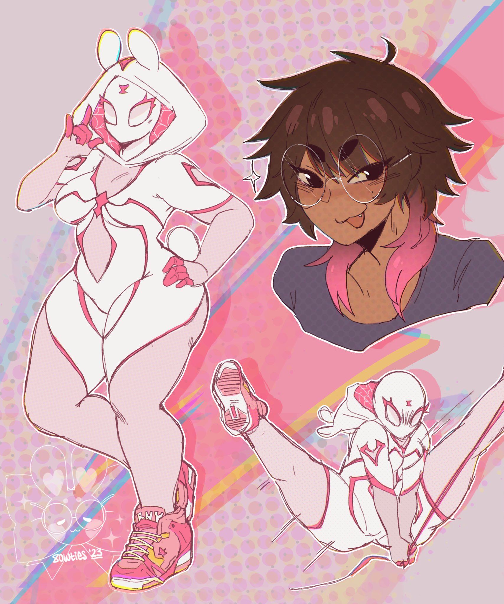 8owties, big breasts, big thighs, blush, breasts, brown hair, bunny ears, bunny tail, character sheet, chubby, chubby female, dark skin, dark-skinned female, female, glasses, gradient hair, hands on hips, heartweaver (8owties), hood, hood up, hoodie, marvel, marvel comics, mask, masked, masked female, oc, original, original character, pink hair, shoes, skye (8owties), smile, smiling, solo, solo female, spider-man (series), spider-man: across the spider-verse, spider-man: into the spider-verse, superheroine, thick thighs, thighs, tongue, tongue out