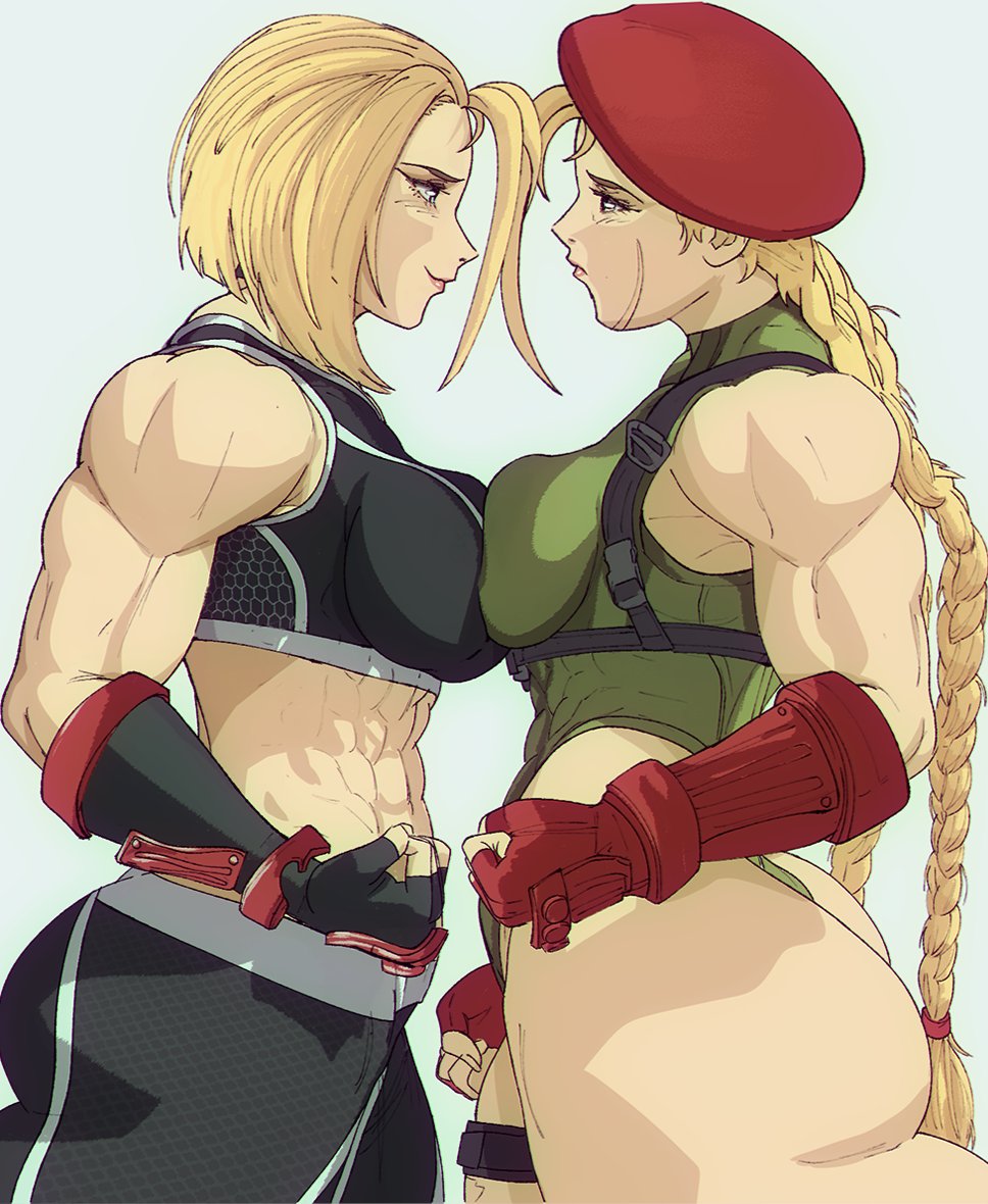 2girls, abs, ass, beret, biceps, big ass, big breasts, blonde hair, braid, braided hair, braided twintails, breast press, breast to breast, breasts, breasts to breasts, breasts together, breasts touching, cammy white, capcom, curvy, eye contact, female, female focus, female only, fingerless gloves, gloves, hat, headwear, large ass, large breasts, leotard, light skin, light-skinned female, long hair, looking at another, medium breasts, medium hair, multiple females, multiple girls, muscular, muscular female, sideboob, simple background, smile, smiling, sports bra, street fighter, street fighter 6, street fighter v, tagme, voluptuous, white background, yoracrab