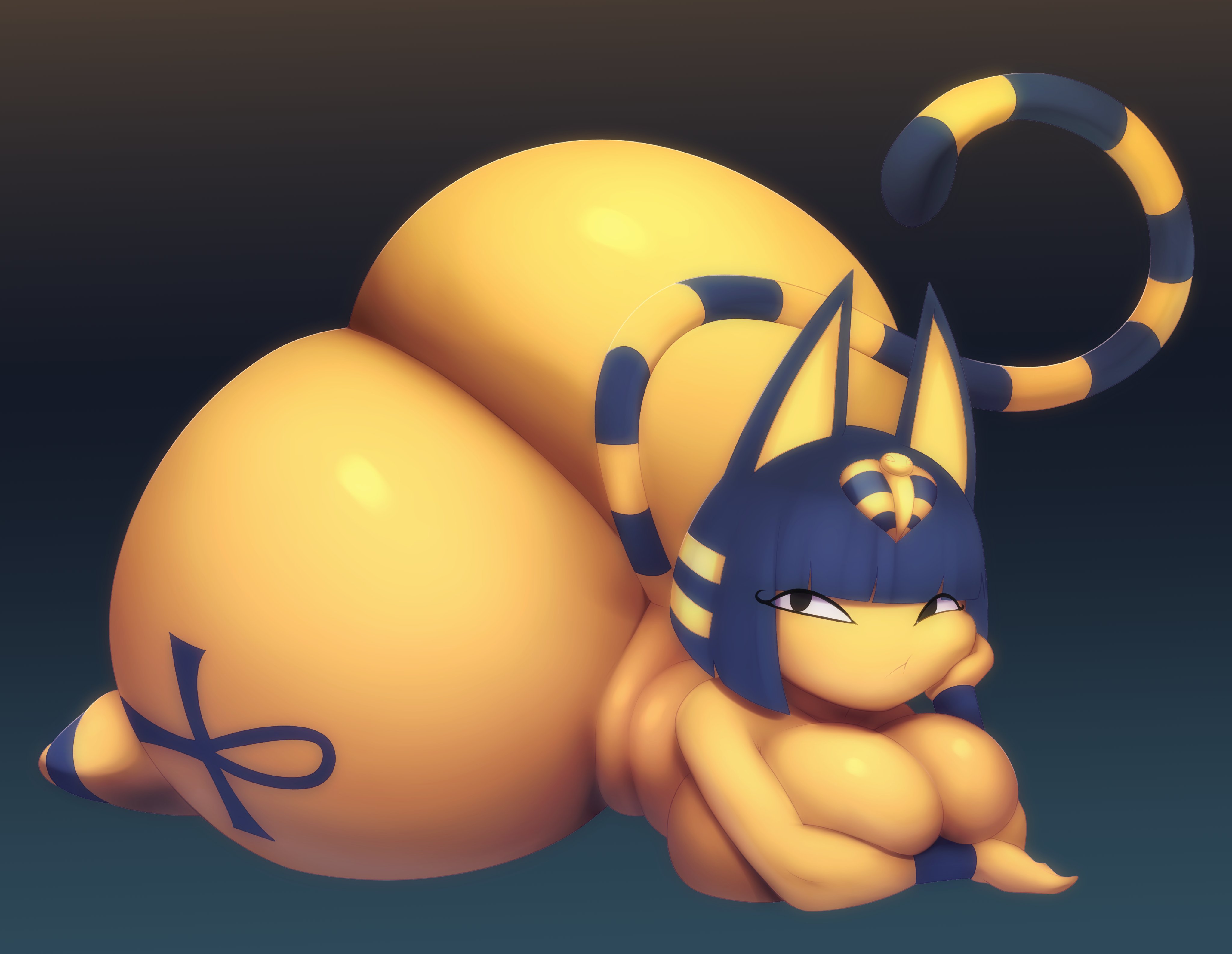 absurd res, animal crossing, ankha, ankha (animal crossing), anthro, ass, astroodragon, big ass, big breasts, big butt, black eyes, blue hair, bottom heavy, breasts, domestic cat, felid, feline, felis, female, hair, hand on cheek, hi res, huge ass, huge breasts, huge butt, hyper, hyper ass, hyper butt, looking at viewer, lying, mammal, markings, nintendo, on front, snaart, solo, striped markings, striped tail, stripes, tail, tail markings, tattoo, yellow body