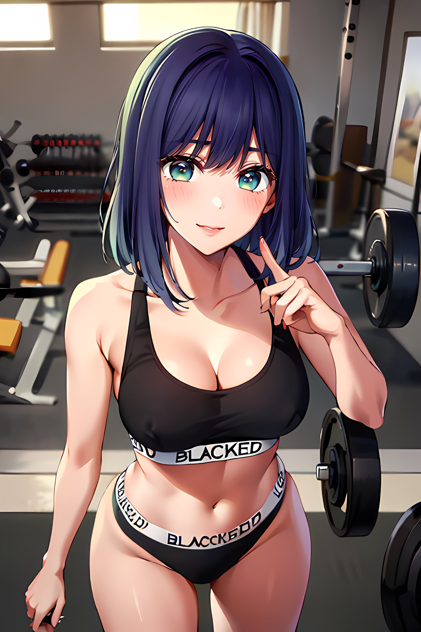 ai generated, blacked, blacked clothing, blue eyes, blue hair, breasts, cleavage, female, female focus, female only, gym, gym clothing, gym uniform, kurokawa akane, looking at viewer, oshi no ko, short hair, sole female, solo, solo female, solo focus, sports bra, weights