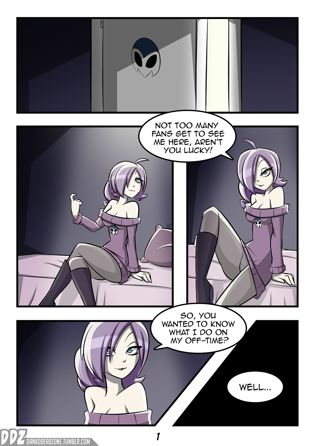 bare_shoulders bed comic comic_page dankodeadzone gray_leggings grey_leggings knee_boots leggings low_cut_top original page_1 purple_hair purple_sweater speech_bubble zone zone-tan