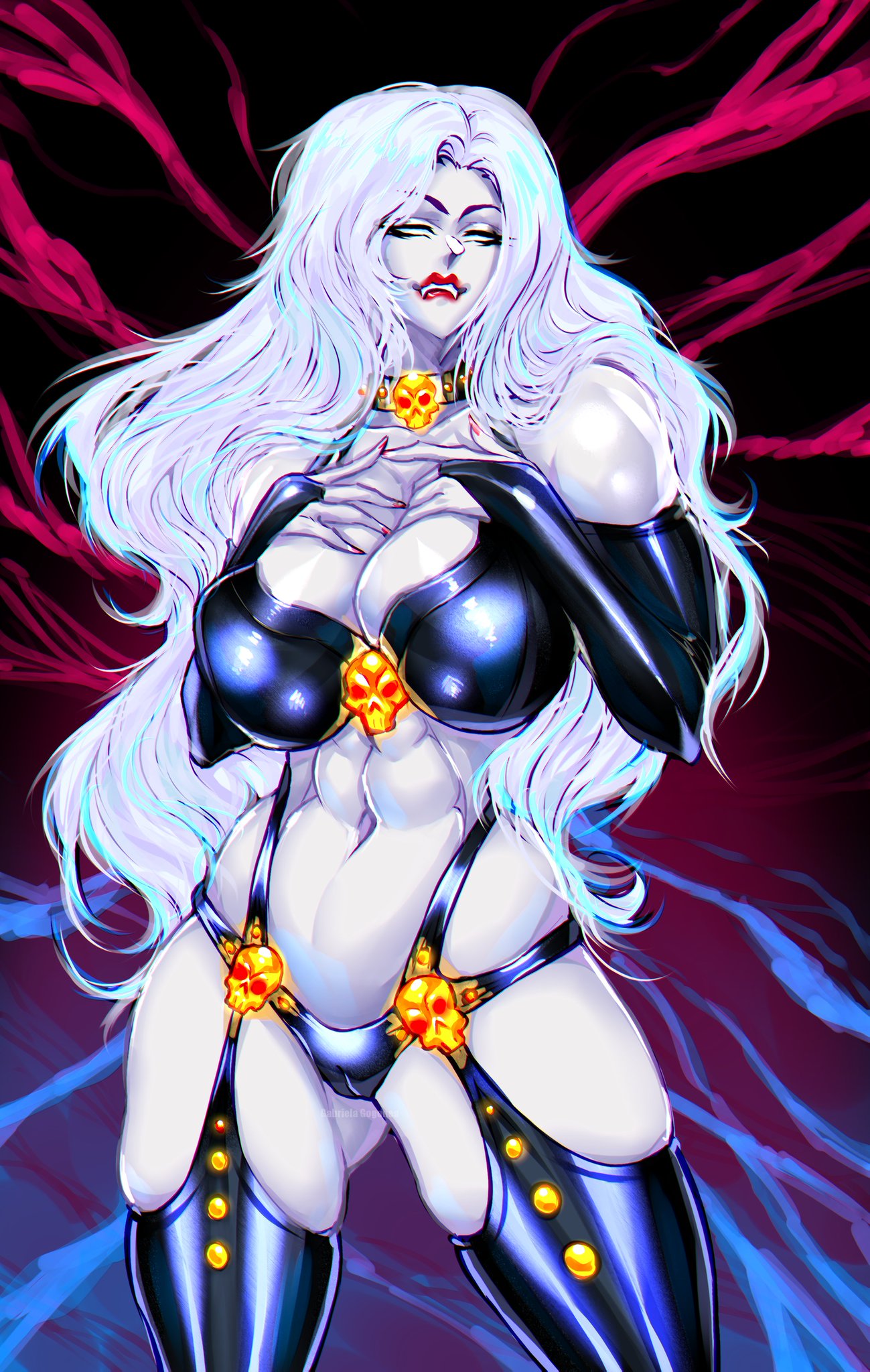 abs big_breasts bikini breasts chaos_comics coffin_comics collar garter_straps lady_death leather lipstick navel studded_collar thighhighs white_hair white_skin zy-sama