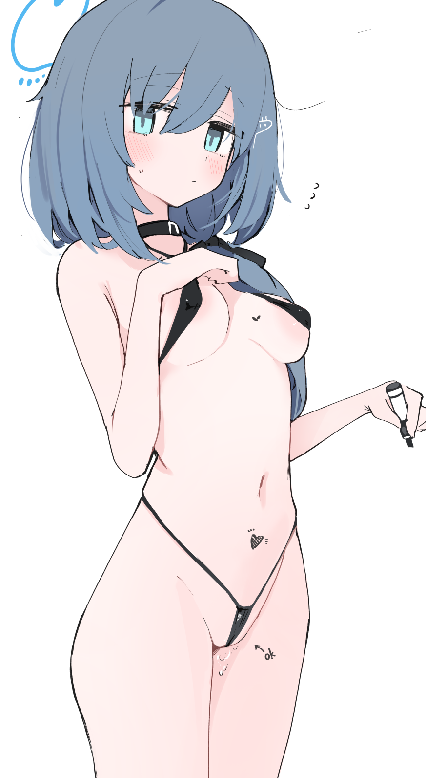 aqua_eyes bikini black_bikini black_choker blue_archive blue_hair blue_halo blush choker closed_mouth female halo highres holding holding_marker long_hair looking_at_viewer marker mikozin navel original_character pussy_juice simple_background solo standing swimsuit thighs white_background