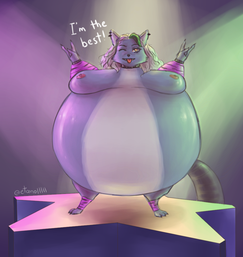 anthro big_breasts bloated breasts canid canine canis collar digital_media_(artwork) etanolllll female five_nights_at_freddy's five_nights_at_freddy's:_security_breach inflated_belly inflation mammal nipples nude overweight roxanne_wolf_(fnaf) scottgames solo solo_focus steel_wool_studios text tongue wolf