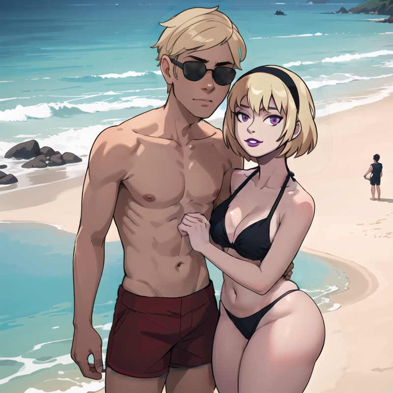 1boy 1girls ai_generated beach bikini black_bikini black_hairband blonde_hair brother_and_sister curvy_female dave_strider female gardener_ai hairband homestuck hugging male muscular_male orientation_play pose posing purple_eyes red_shorts rose_lalonde sea seaside shades shorts siblings stable_diffusion sunglasses swimming_trunks swimsuit swimwear thick_thighs waist_grab wide_hips