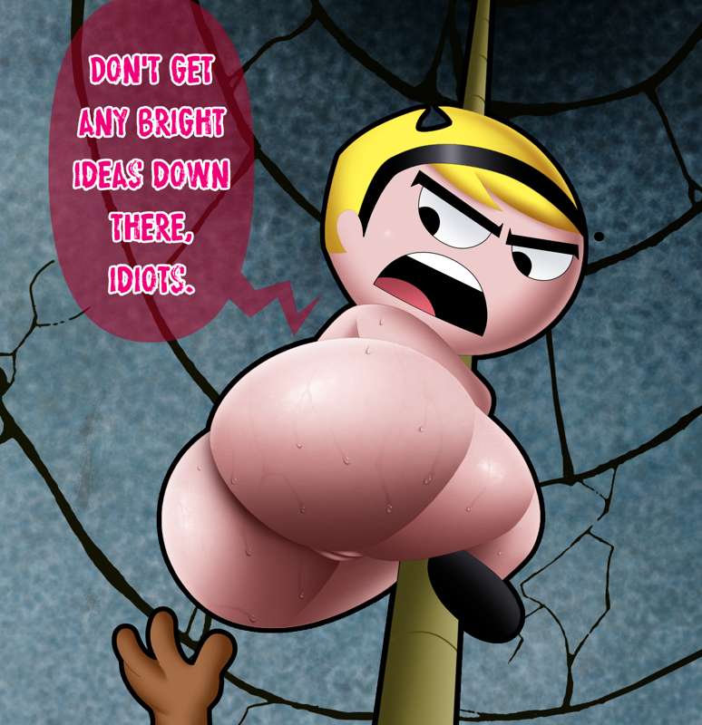 1girls, ass, big ass, big butt, blonde hair, dialogue, doompypomp, eyebrows, fat ass, female, headband, large ass, light skin, light-skinned female, looking down, mandy (billy and mandy), pole, pussy, shortstack, speech bubble, text, text box, the grim adventures of billy and mandy, thick thighs, thighs, wide hips