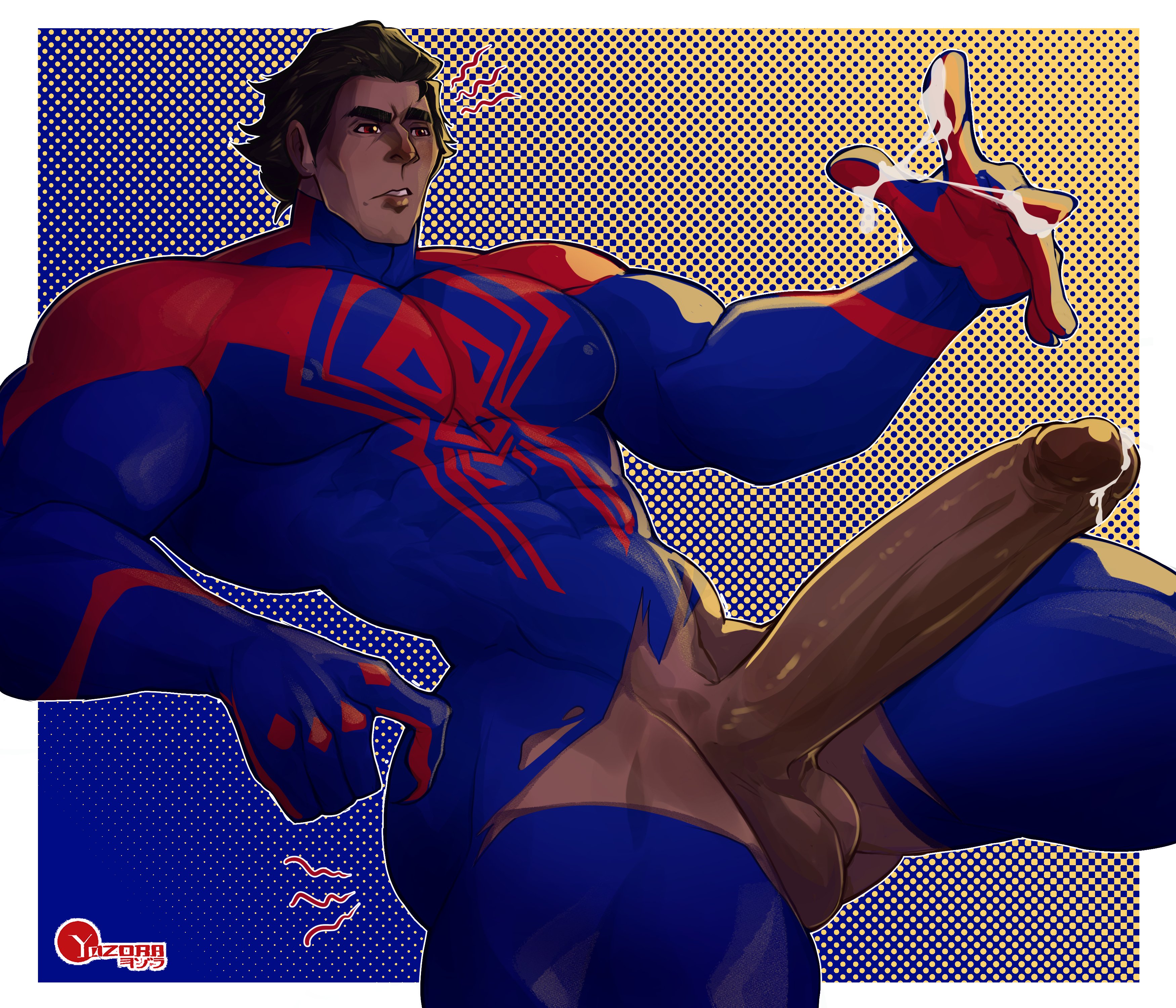1boy, abs, big pecs, big penis, boner, brown hair, cum, cumming, dark skin, dark-skinned male, erection, huge cock, leaking cum, male, male only, marvel, marvel comics, miguel o'hara, muscular, muscular male, pecs, penis, solo, solo male, spider-man (series), spidersuit, uncensored, yaoi, yozorac1