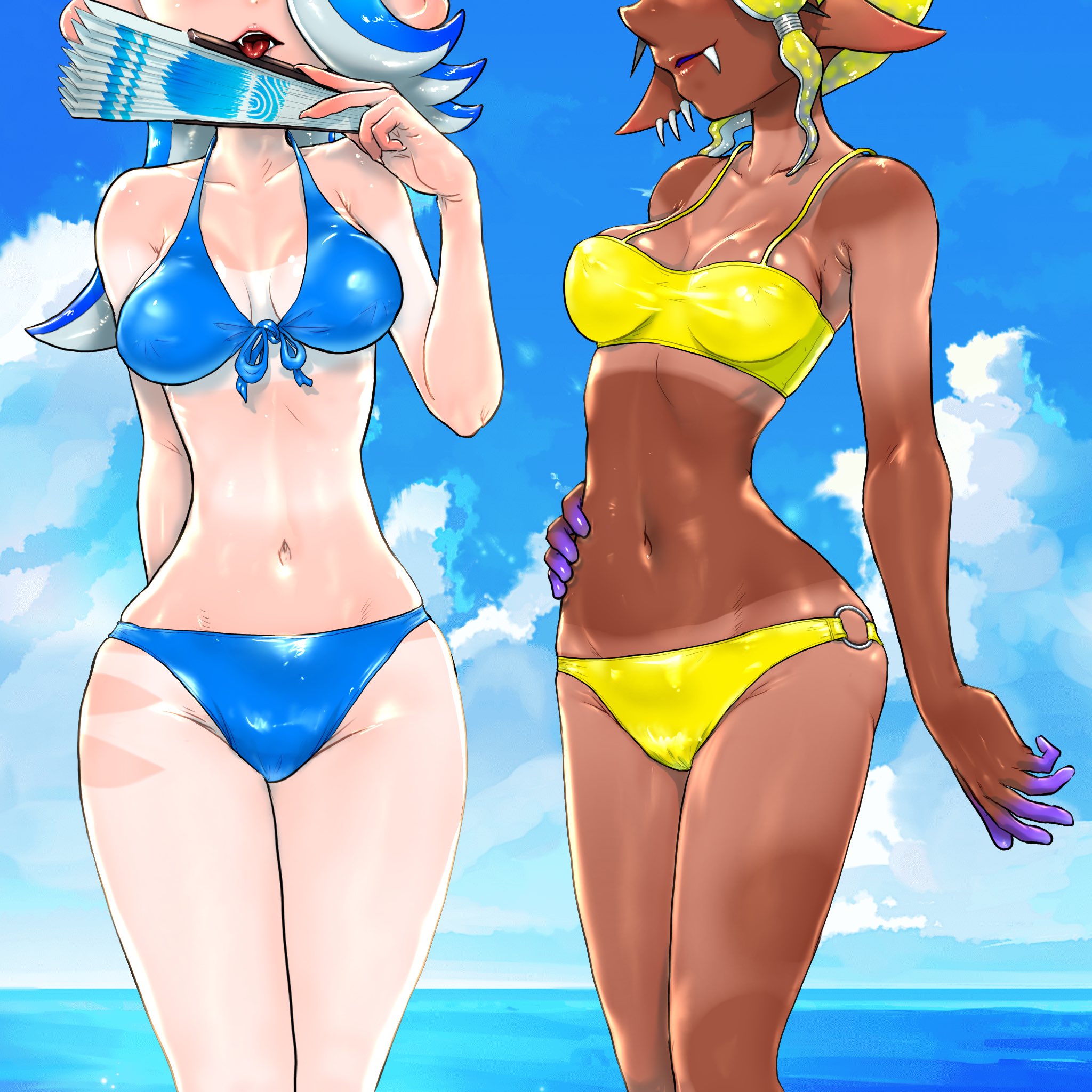 2girls, asymmetrical hair, beach, bikini, blue hair, breasts, brown skin, chocolate and vanilla, dark skin, dark-skinned female, deep cut (splatoon), eyes out of frame, female, frye (splatoon), hand on hip, inkling, koharu2.5, koharuno2, light skin, light-skinned female, long hair, medium breasts, naughty face, nintendo, octoling, outdoors, perky breasts, shiver (splatoon), short hair, slim waist, splatoon, splatoon (series), splatoon 3, tan, tanline, tanlines, thighs, yellow hair