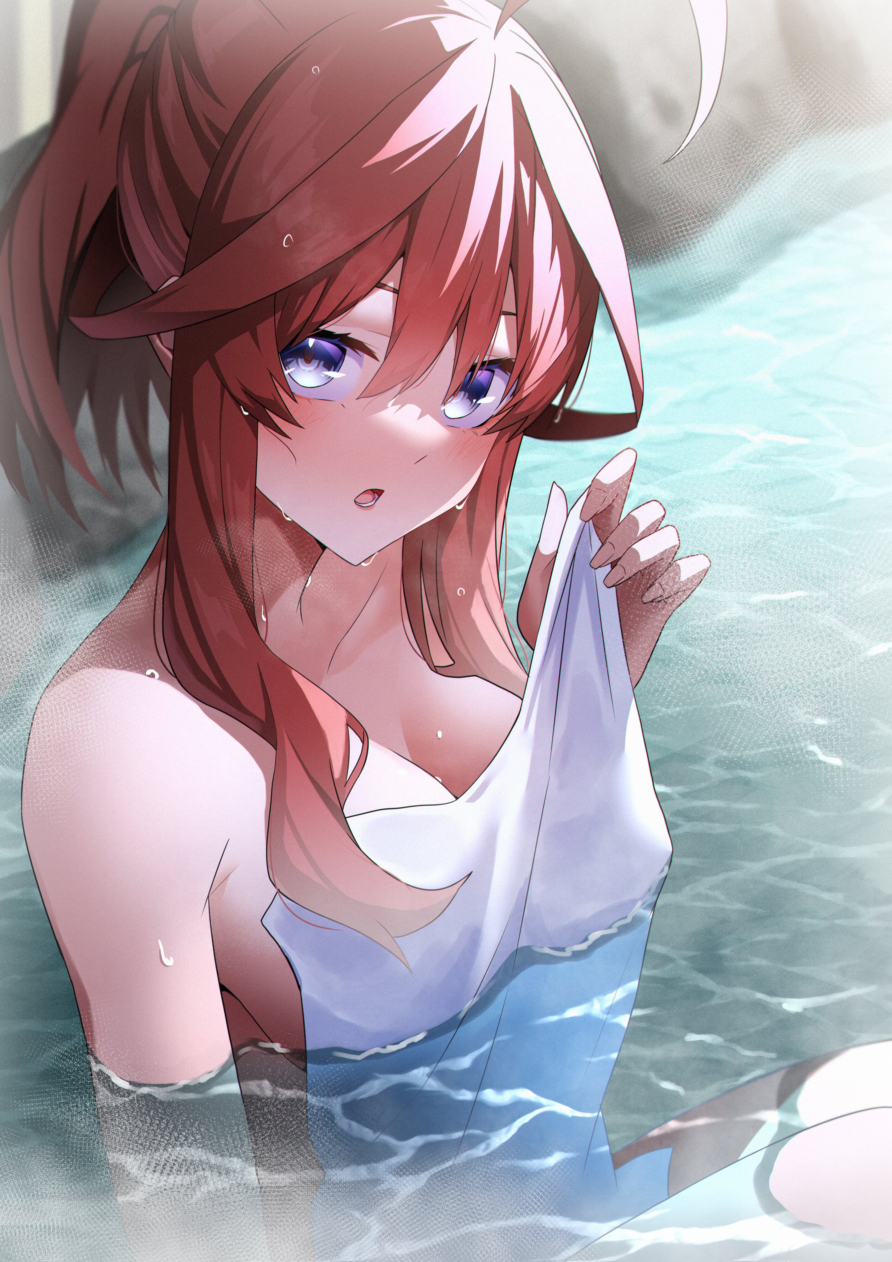 absurdres, ahoge, blue eyes, blush, breasts, collarbone, female, go-toubun no hanayome, hair between eyes, highres, large breasts, long hair, looking at viewer, nakano miku, naked towel, onsen, open mouth, ponytail, red hair, slope (check238), solo, steam, towel