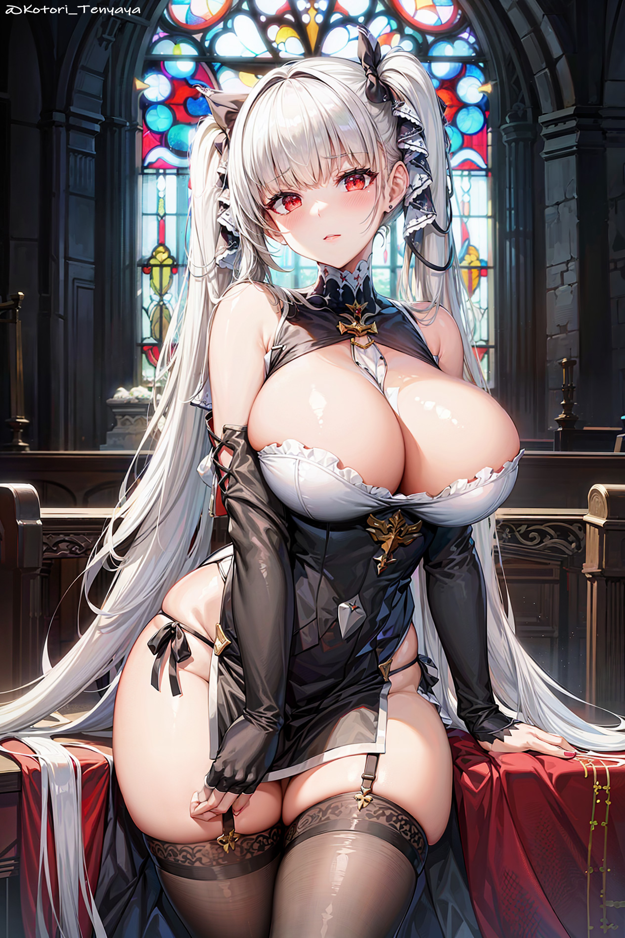 1girls, ai generated, azur lane, breasts, cleavage, female, formidable (azur lane), hips, huge breasts, light skin, light-skinned female, long hair, red eyes, stable diffusion, thick thighs, thighs, twintails, white hair, wide hips