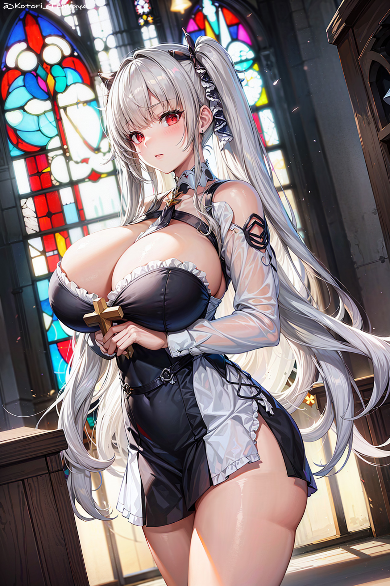 1girls, ai generated, azur lane, breasts, cleavage, female, formidable (azur lane), hips, huge breasts, light skin, light-skinned female, long hair, red eyes, stable diffusion, thick thighs, thighs, twintails, white hair, wide hips