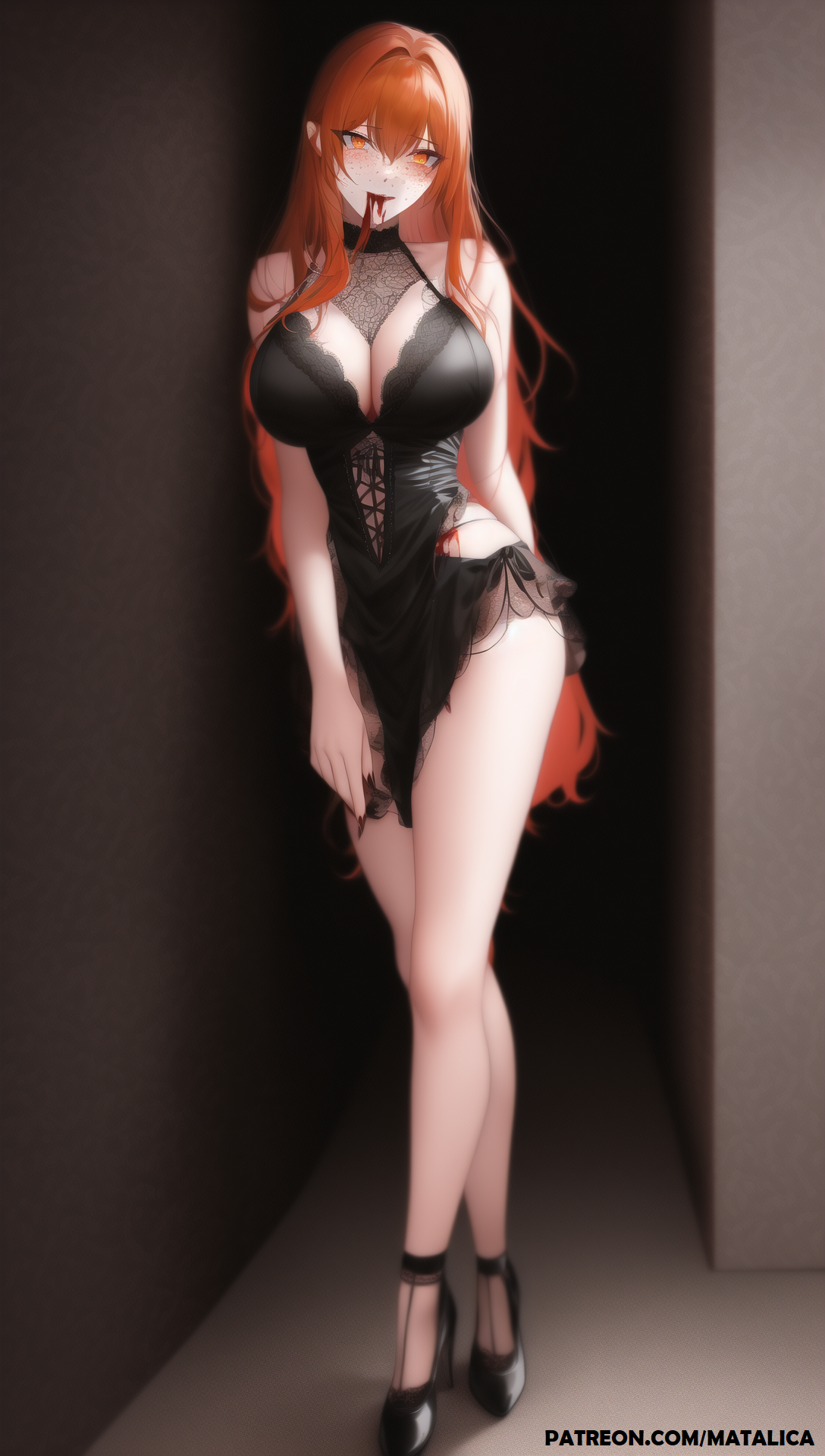 ai generated, big breasts, black lingerie, black outfit, blood, blood drip, blood in mouth, blood on face, breasts, female, freckles, freckles on face, goth, goth girl, gothic, high heels, huge breasts, intimidating, intimidation, large breasts, lingerie, long hair, long nails, matalica, novelai, orange eyes, orange hair, original, original character, pinup, red hair, self upload, solo, vampire, vampire girl