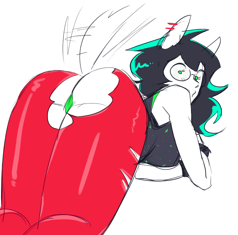 black_hair dog_ears dog_tail green_panties homestuck ilovedoggirls jade_harley looking_at_viewer looking_back red_pants ripped_clothing ripped_pants thong wagging_tail