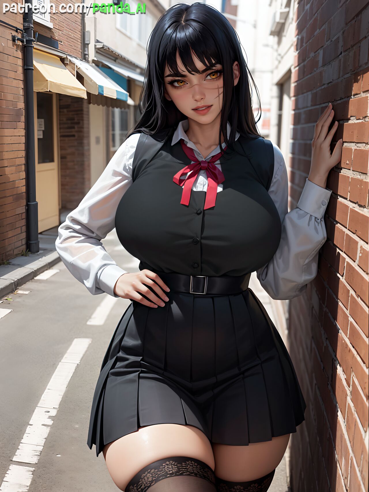 1girls, ai generated, black hair, breasts, chainsaw man, city, clothed, facial scar, female, female focus, female only, hi res, hips, huge breasts, light skin, light-skinned female, long hair, outdoors, panda ai, scar, school uniform, schoolgirl, smile, sole female, solo, solo female, solo focus, stable diffusion, stockings, thick thighs, thighs, voluptuous, wide hips, yellow eyes, yoru (chainsaw man)