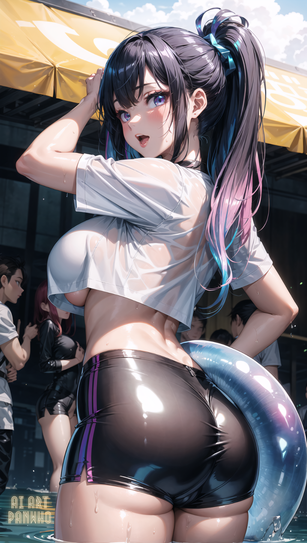 1girls ai_art_panwho ai_generated ass black_hair booty_shorts breasts female large_ass large_breasts light-skinned_female light_skin long_hair original original_character ponytail short_shorts shorts stable_diffusion