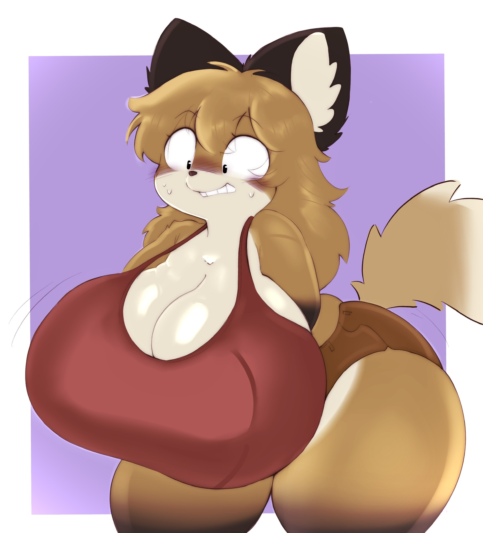 anthro, anthro only, ass, big breasts, breast expansion, breast growth, breast growth (enlargement), breasts, brown fur, brown hair, expansion, female, fujiko (inazuma kat), furry, furry only, huge ass, huge breasts, implied expansion, inazuma kat, shorts, surprised expression, thick thighs, wide hips