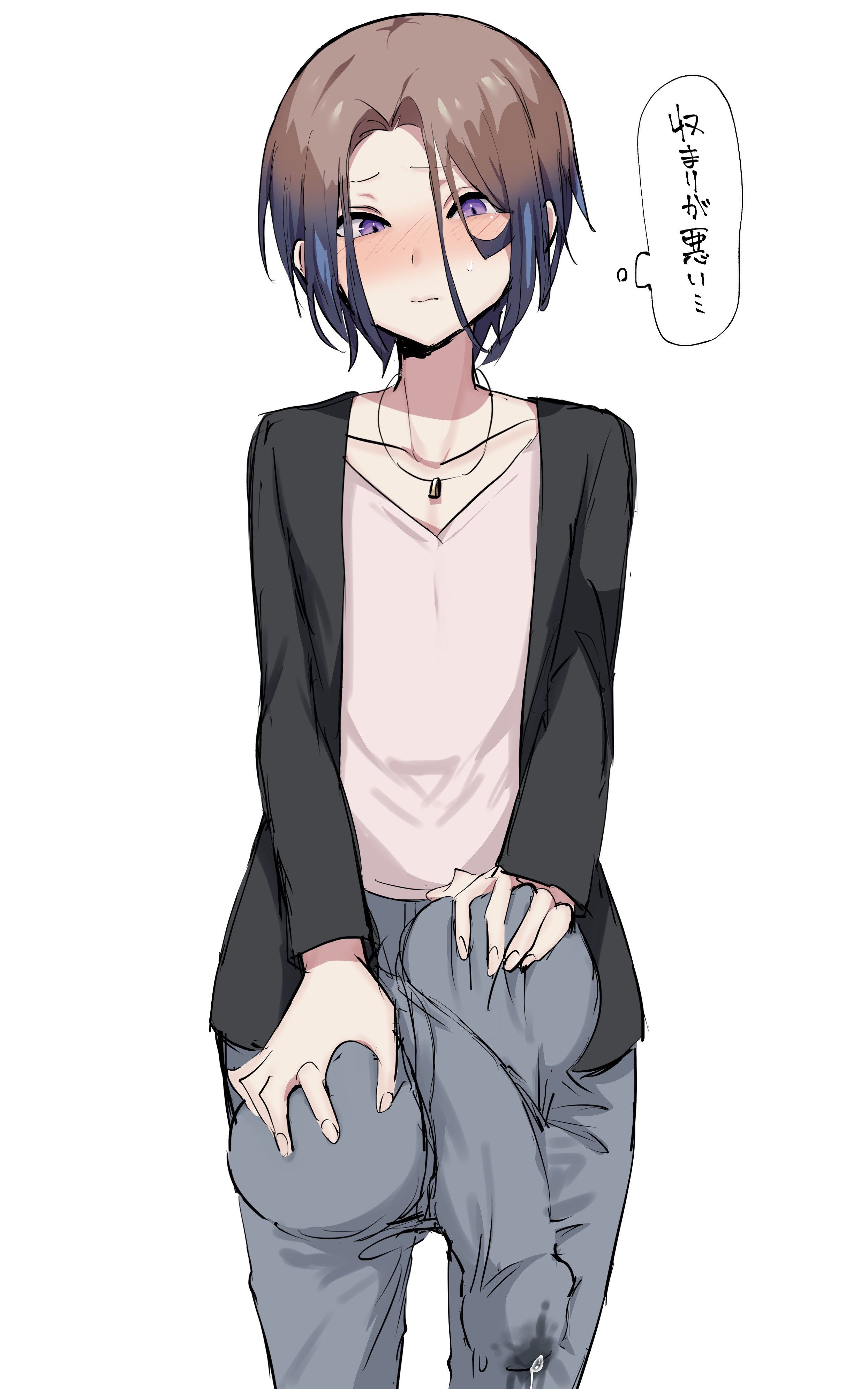 1boy, balls, bulge, clothing, femboy, fully clothed, hamidemachi, huge balls, huge cock, human, hung trap, male, male only, otoko no ko, penis, precum, precum drip, precum through clothing, sera aori (hamidemachi), solo, standing