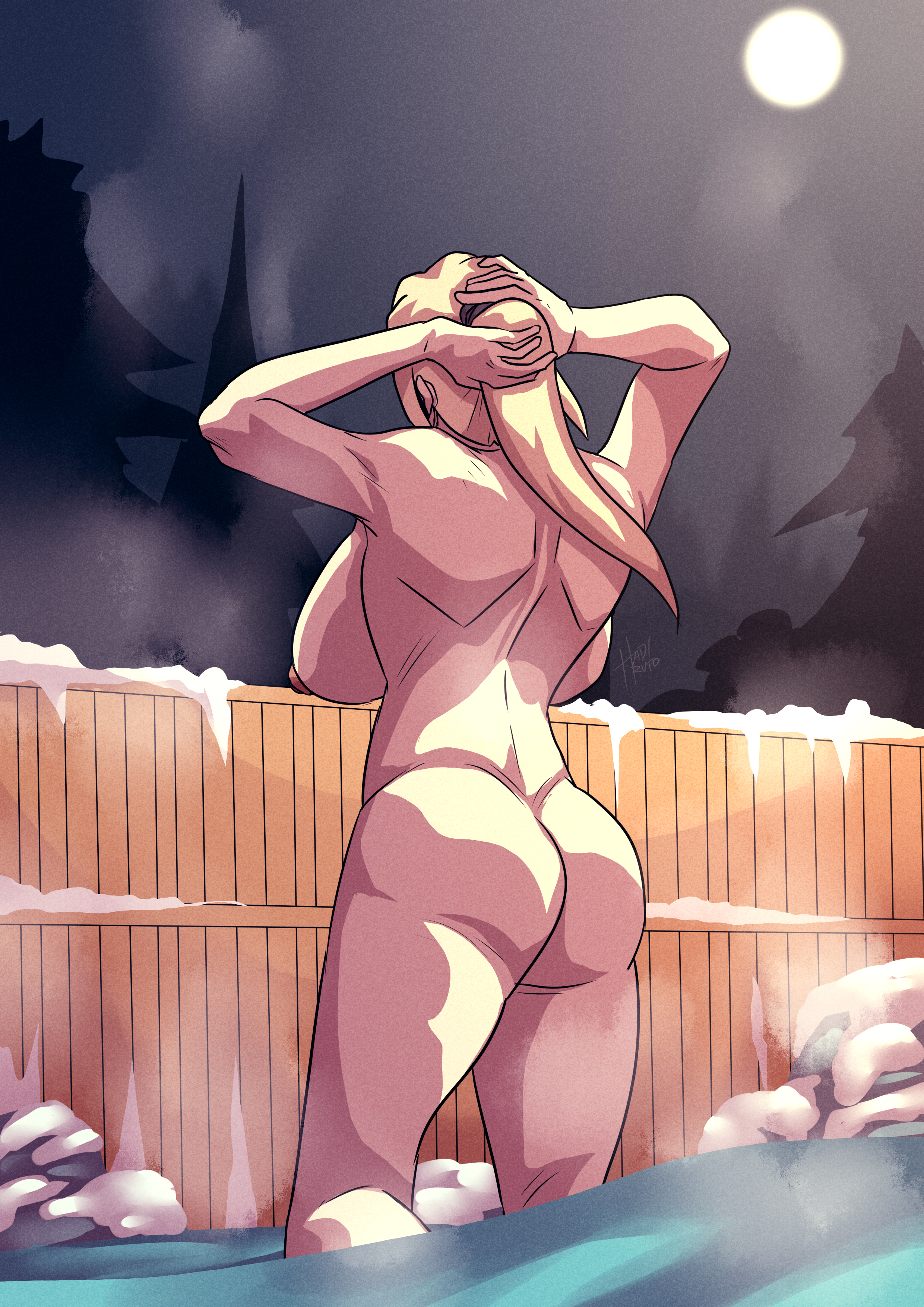 1girls, adjusting hair, alternate hairstyle, armpits, ass, backboob, barely clothed, big breasts, blonde hair, breasts, breasts bigger than head, brown hair, completely nude, female, female only, from behind, full moon, hadiruto, hanging breasts, hot spring, huge breasts, mature, mature female, moon, naruto, naruto (series), naruto shippuden, night, nipples, nude, onsen, outdoors, ponytail, rear view, round ass, snow, solo, solo focus, standing, steam, tied hair, tsunade, tying hair, voluptuous, water, wooden wall