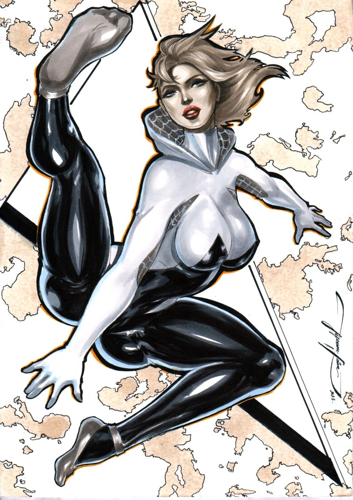 1girls 2023 asymmetrical_hair blonde_hair bodysuit ed_benes_studio feet female female_only gwen_stacy gwen_stacy_(spider-verse) hi_res huge_breasts jeferson_lima latex latex_footwear latex_suit marvel marvel_comics shaved_side short_hair skin_tight solo spider-gwen spider-man:_across_the_spider-verse spider-man:_into_the_spider-verse spider-man_(series) tight_socks voluptuous voluptuous_female