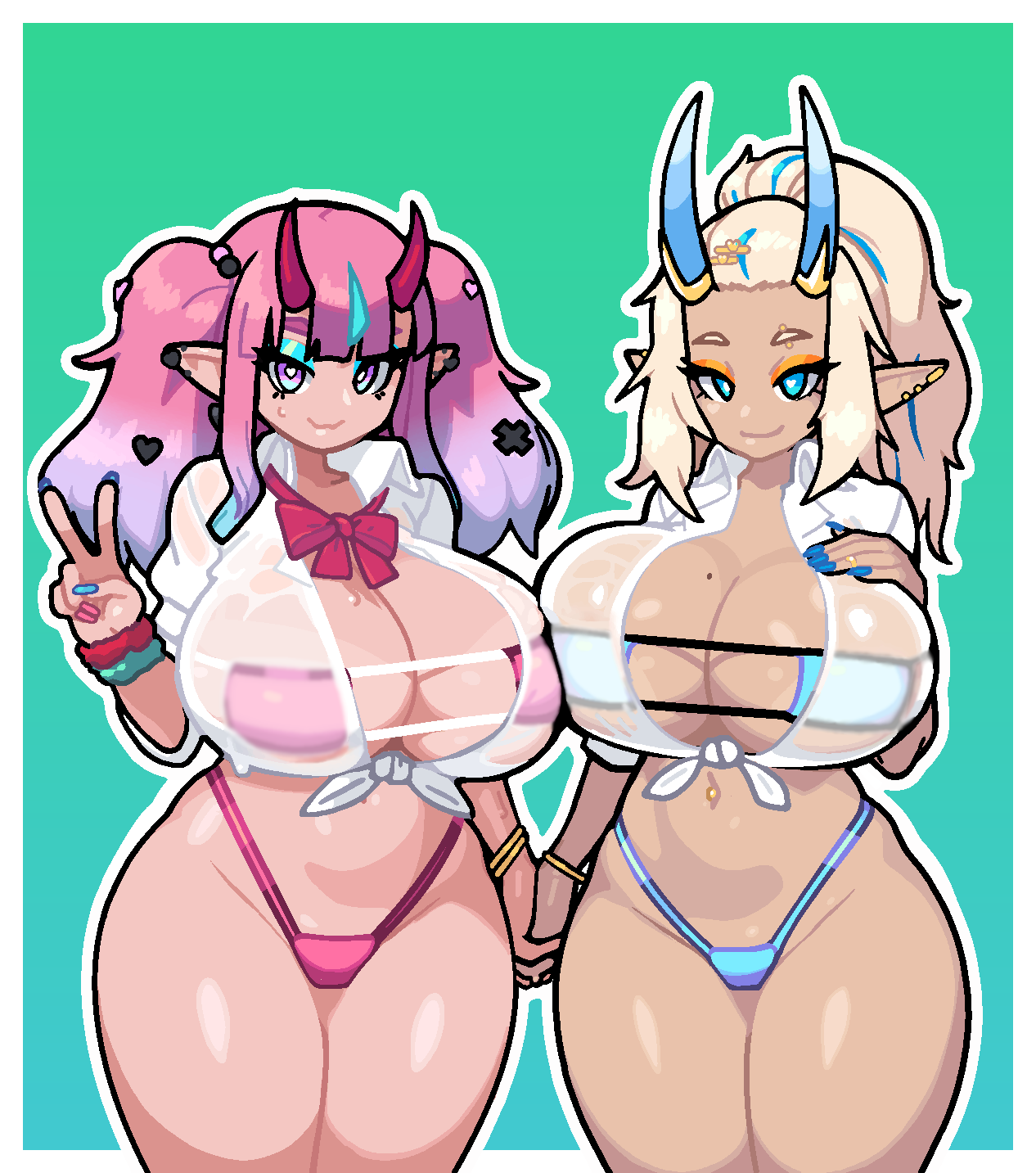 2girls adnyc aiko_(isotoxal) akari_(sait0moriyama) big_breasts bikini blonde_hair blue_eyes blue_highlights blue_horns commission eyeshadow female female_only hair_ornament hand_holding heart-shaped_pupils hi_res highlights_(coloring) horn_ring horns legs_together long_hair looking_at_viewer makeup mole mole_on_breast oni oni_horns open_shirt pink_hair pink_horns pointy_ears ponytail purple_eyes purple_highlights shirt side-tie_bikini sleeves_rolled_up smiling smiling_at_viewer thick_thighs tied_shirt twintails v_sign wet_clothes wet_shirt wrist_cuffs