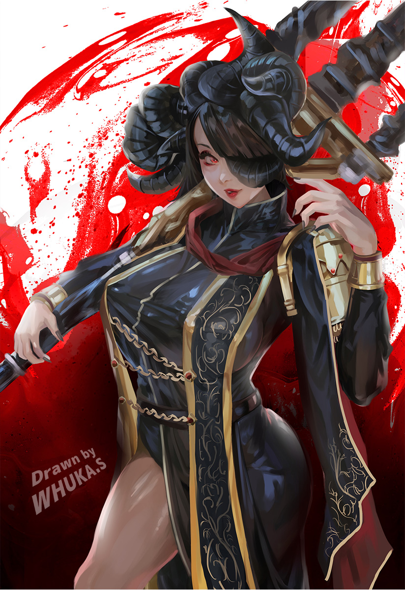1girls, big breasts, breasts, bursting breasts, busty, demon, demon girl, demon horns, elden ring, female, female only, fromsoftware, looking at viewer, mohg lord of blood, rule 63, thick thighs, tight clothing, whukasan