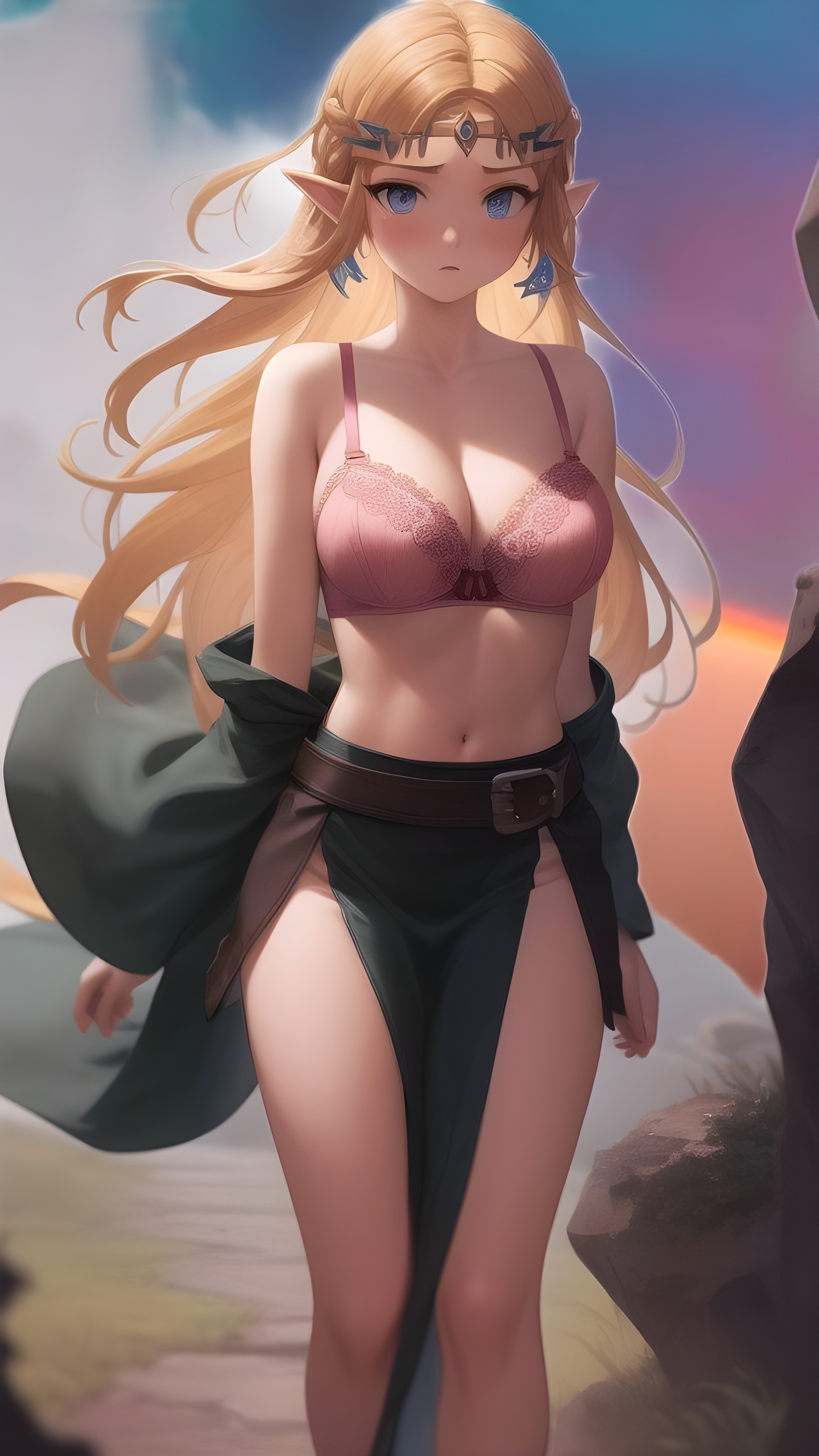 1girls, ai generated, belly, blonde hair, blue eyes, bra, clothed female, female, long hair, nintendo, outdoors, pink bra, princess zelda, the legend of zelda, undressing