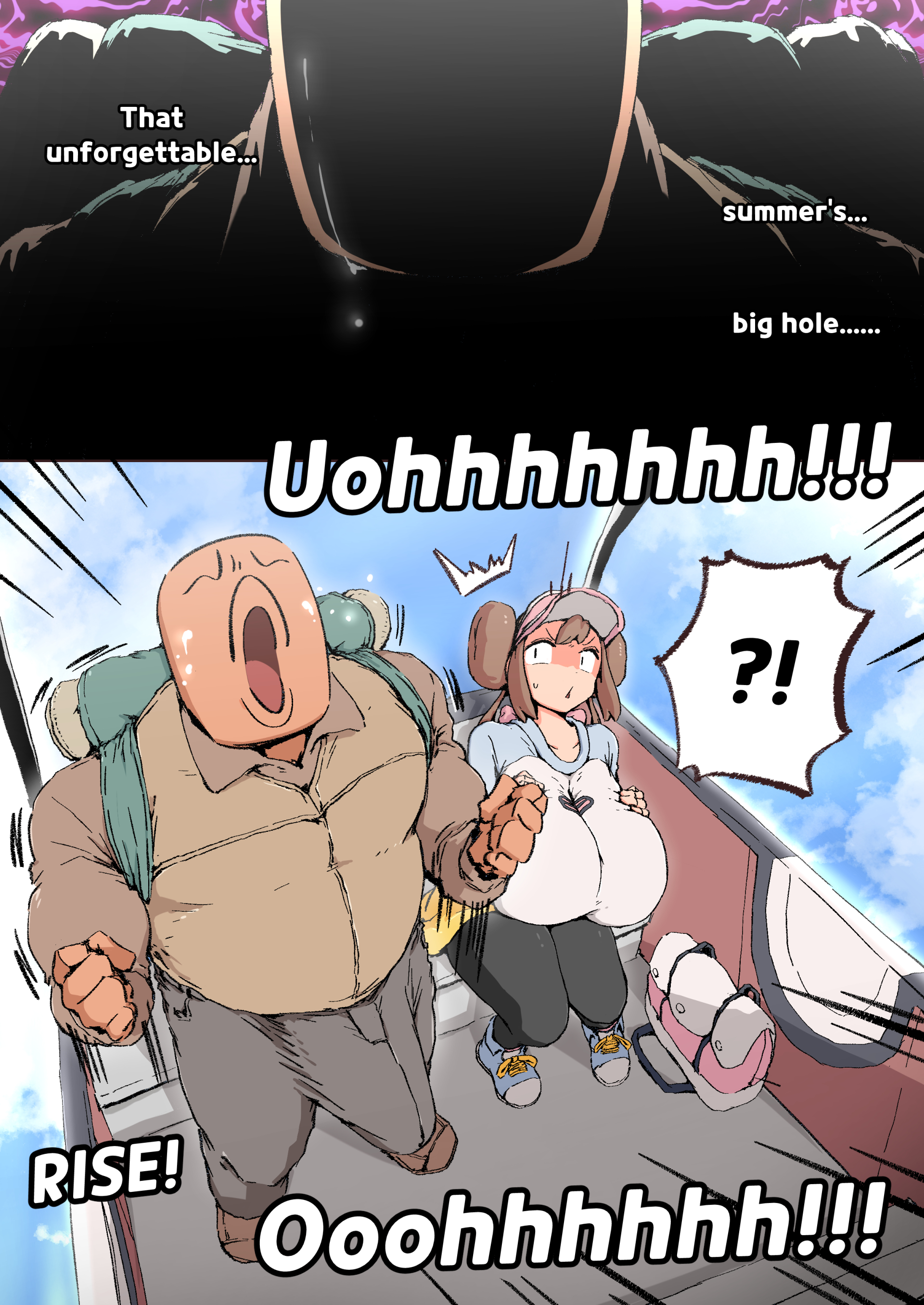 1boy, 1girls, ass, blue eyes, breasts, brown hair, comic, comic page, dialogue, english text, faceless male, fat male, female, game freak, hiker (pokemon), hips, huge ass, huge breasts, imminent rape, imminent sex, long hair, male, nintendo, pokemon, pokemon bw2, rosa (pokemon), thick thighs, thighs, twin buns, twintails, wide hips, woohyoot