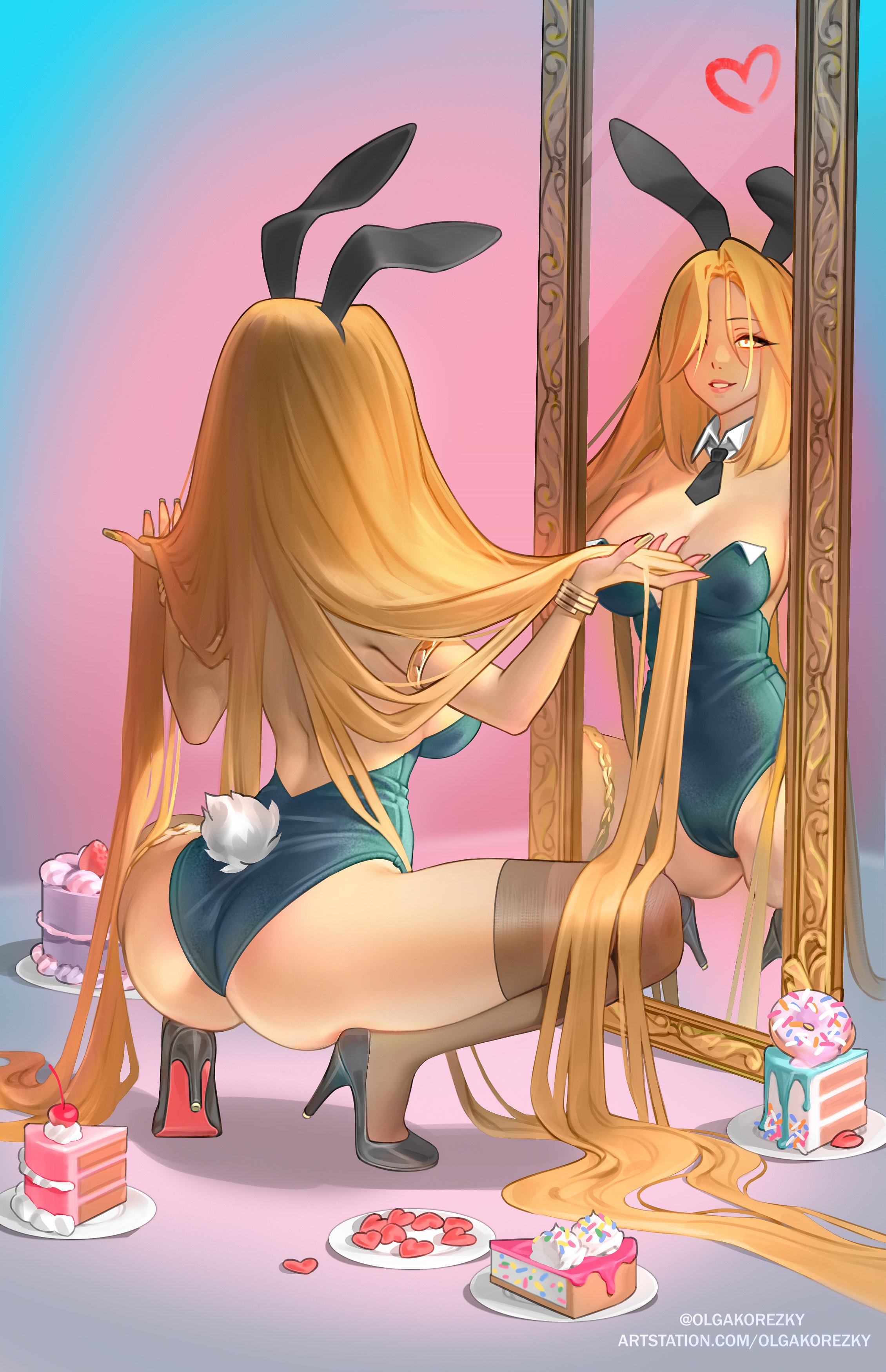 1girls, admiring self, alternate hairstyle, ass, big ass, big breasts, blonde hair, breasts, bunny ears, bunnysuit, cake, elden ring, female, female only, fromsoftware, goddess, heels, huge ass, korezky, light skin, light-skinned female, milf, mirror, queen marika the eternal, smile, smiling at viewer, squatting, stockings, thick thighs, thighhighs, wide hips
